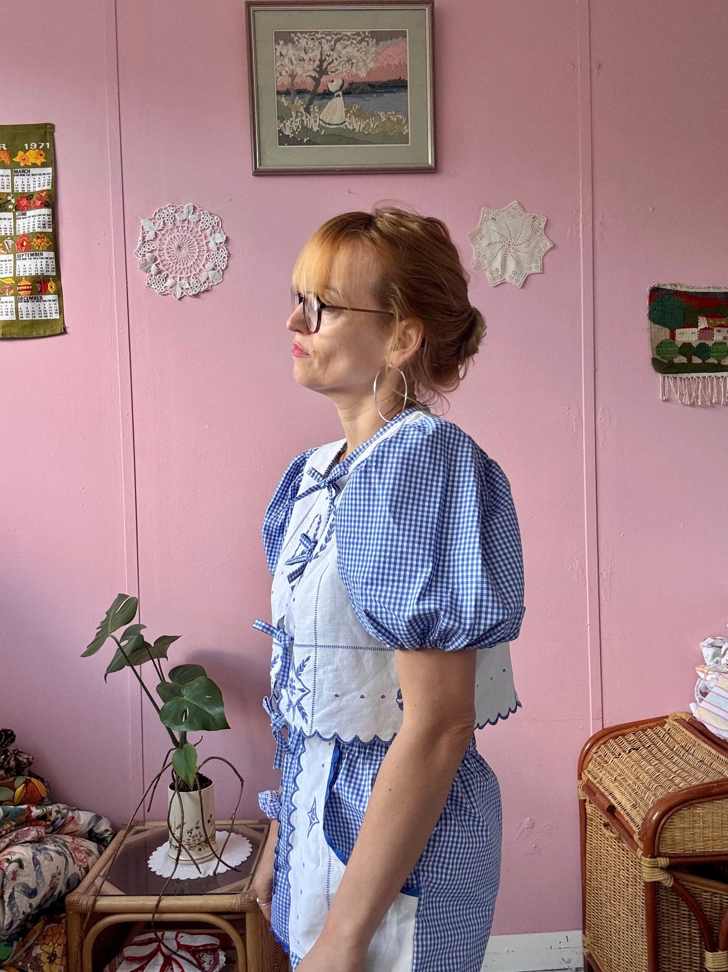 Embroidery and blue gingham shorts set