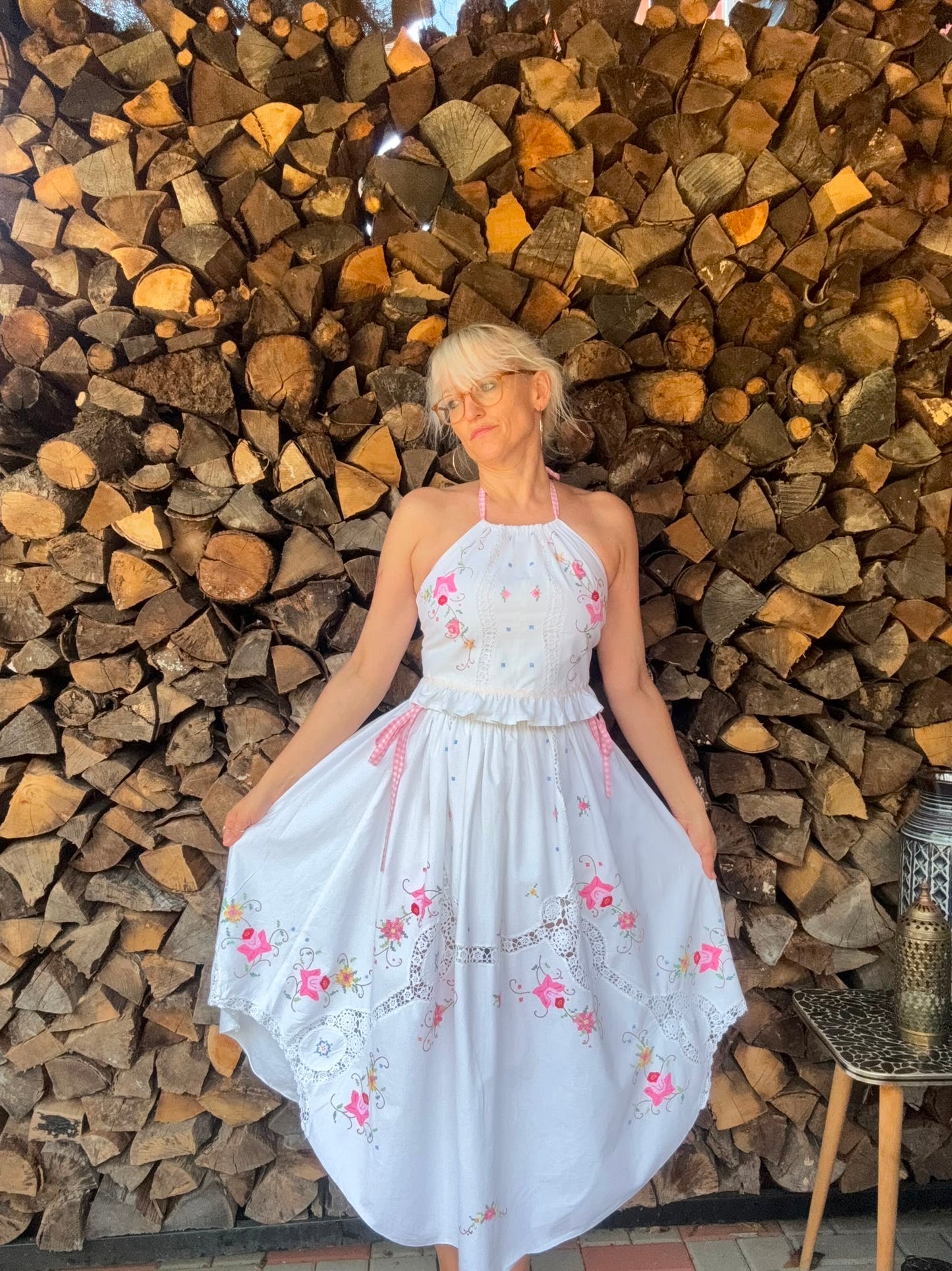 Floral skirt set with gingham straps