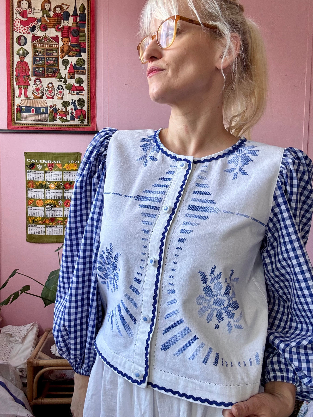 Blue embroidery and gingham blouse
