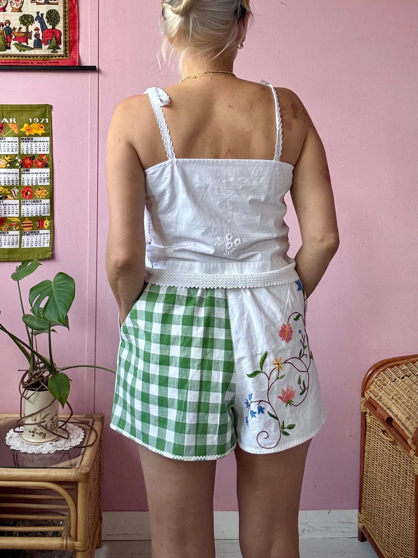 Green gingham and floral shorts