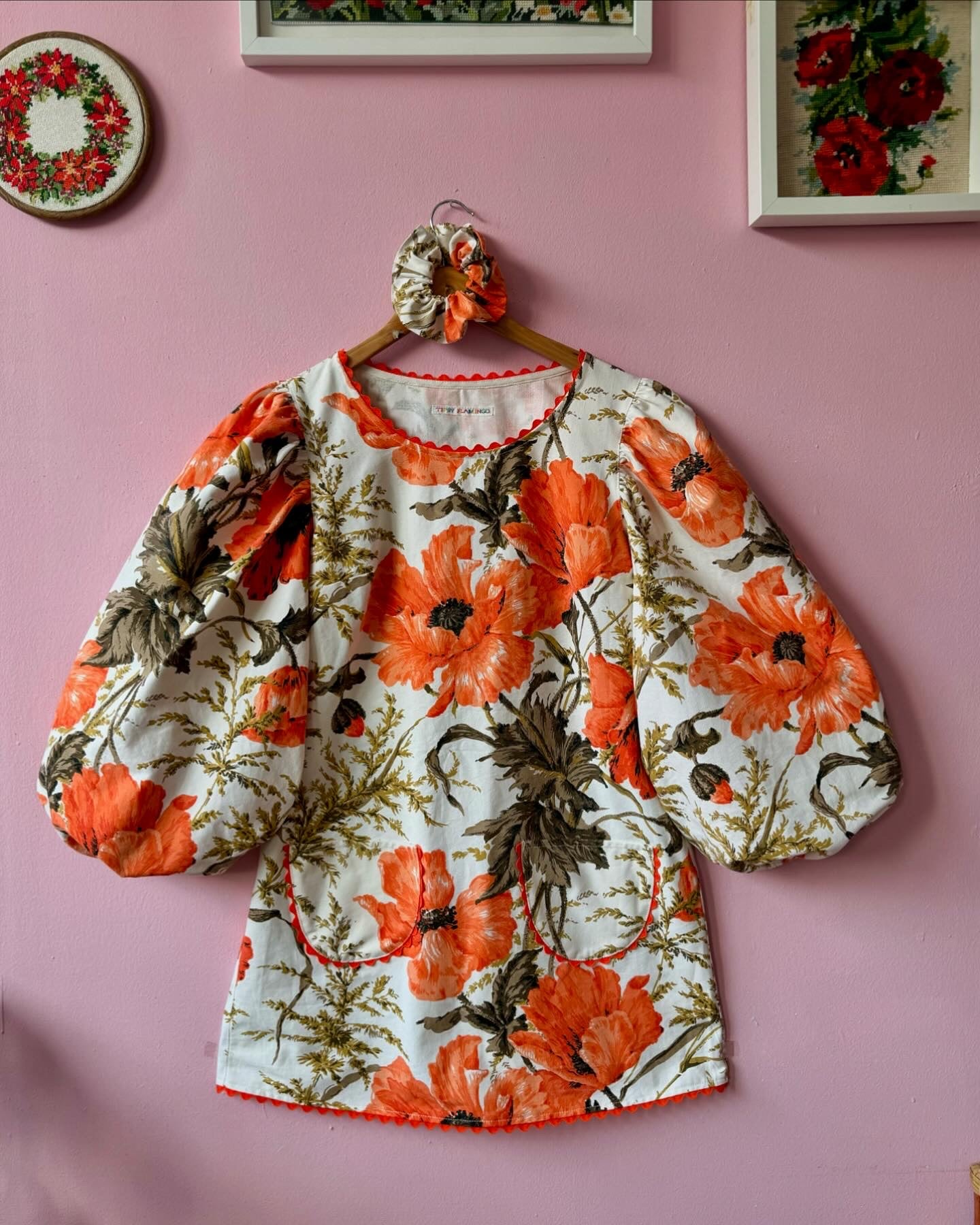 Orange poppies mini dress with long sleeves