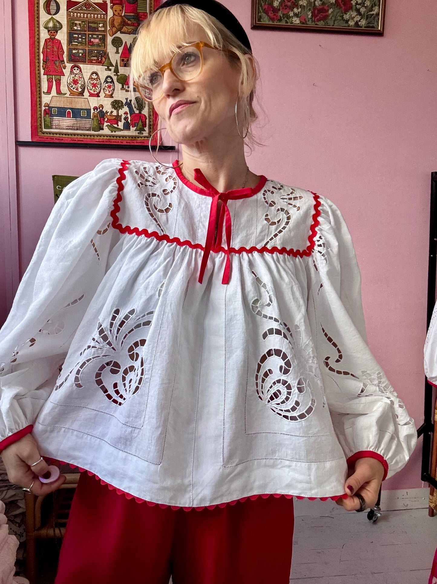 White embroidery blouse with red ric rac