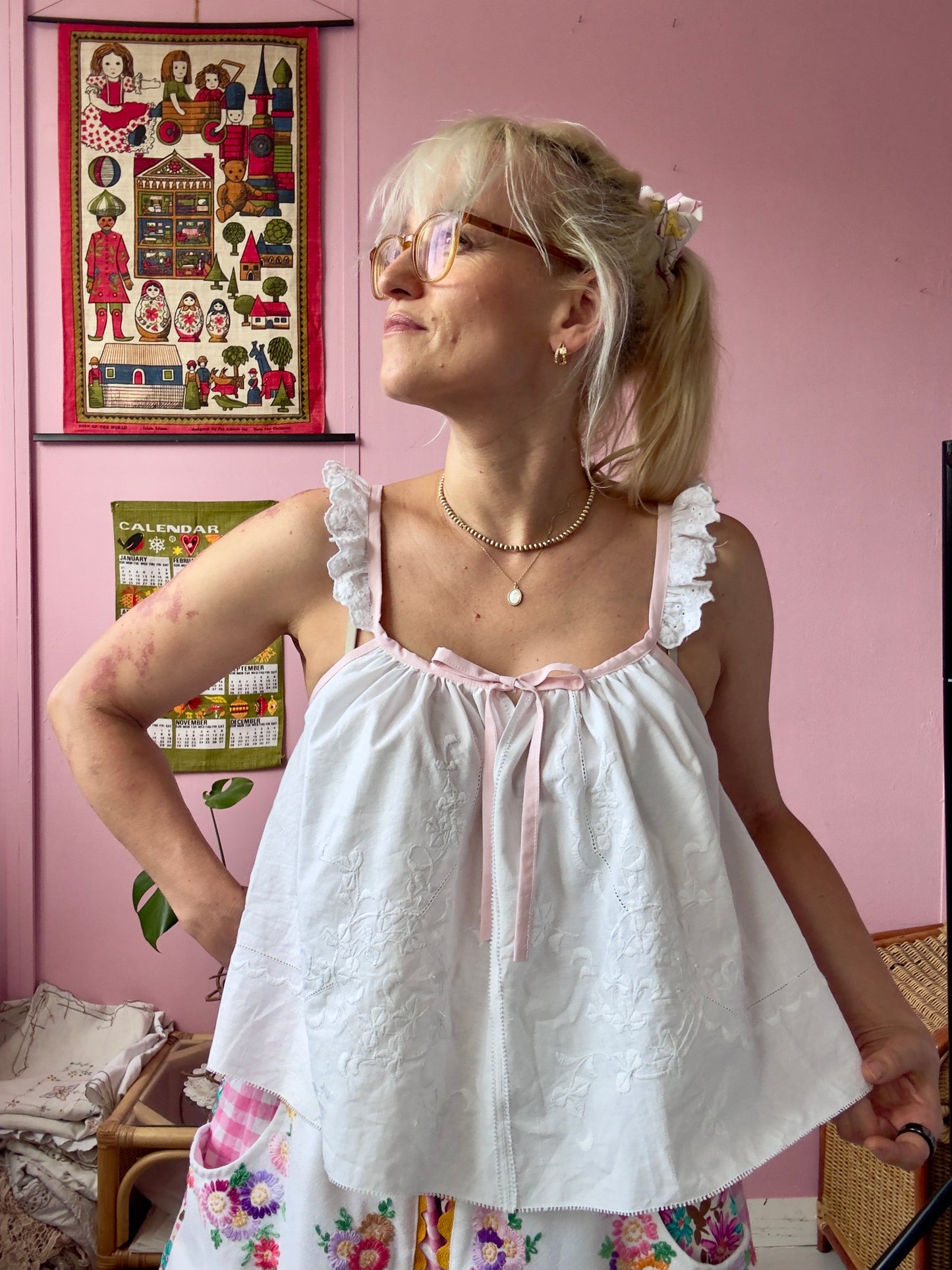 White top with pink straps