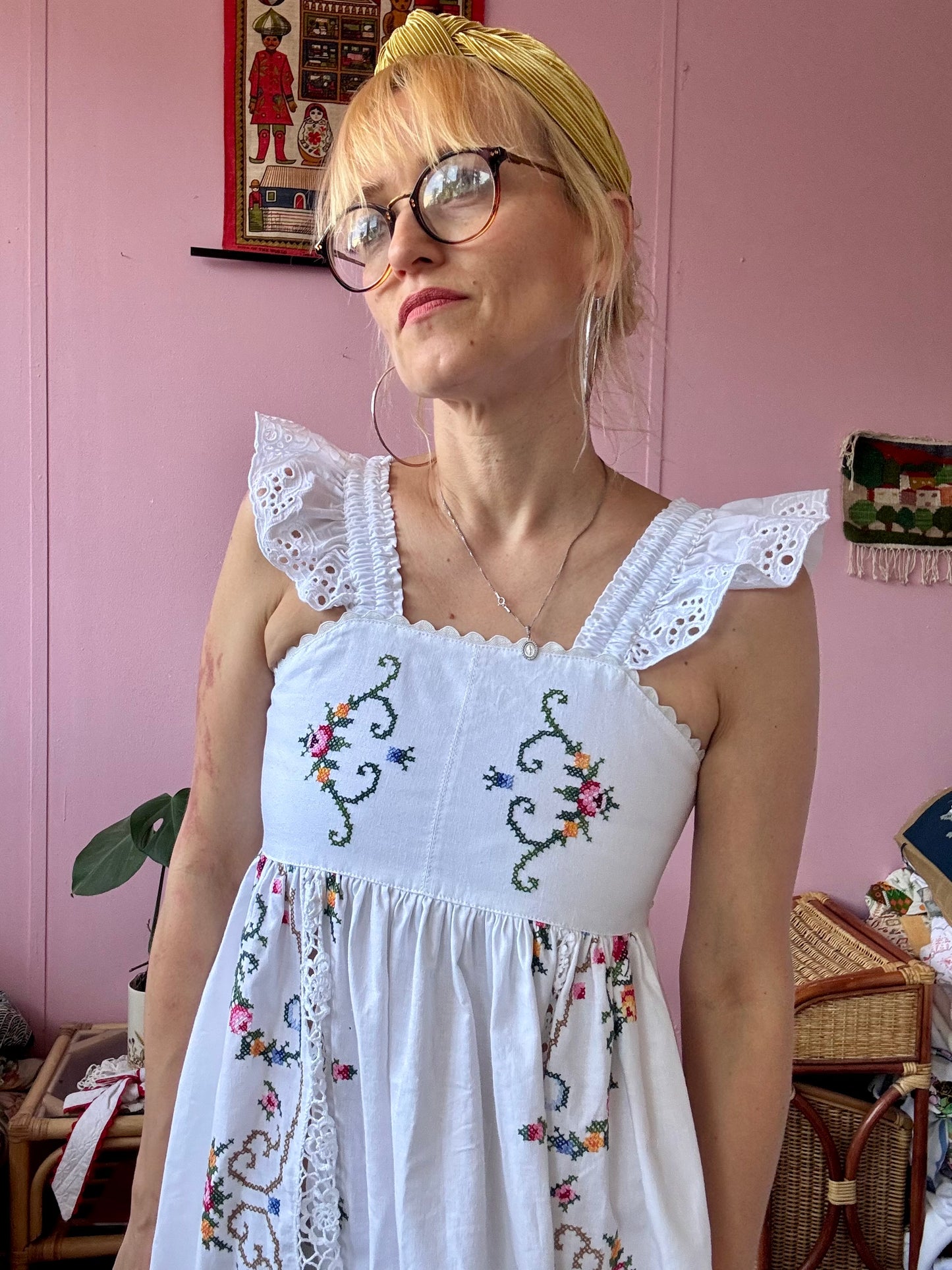 Maxi dress with hand embroidery and elasticated lace straps