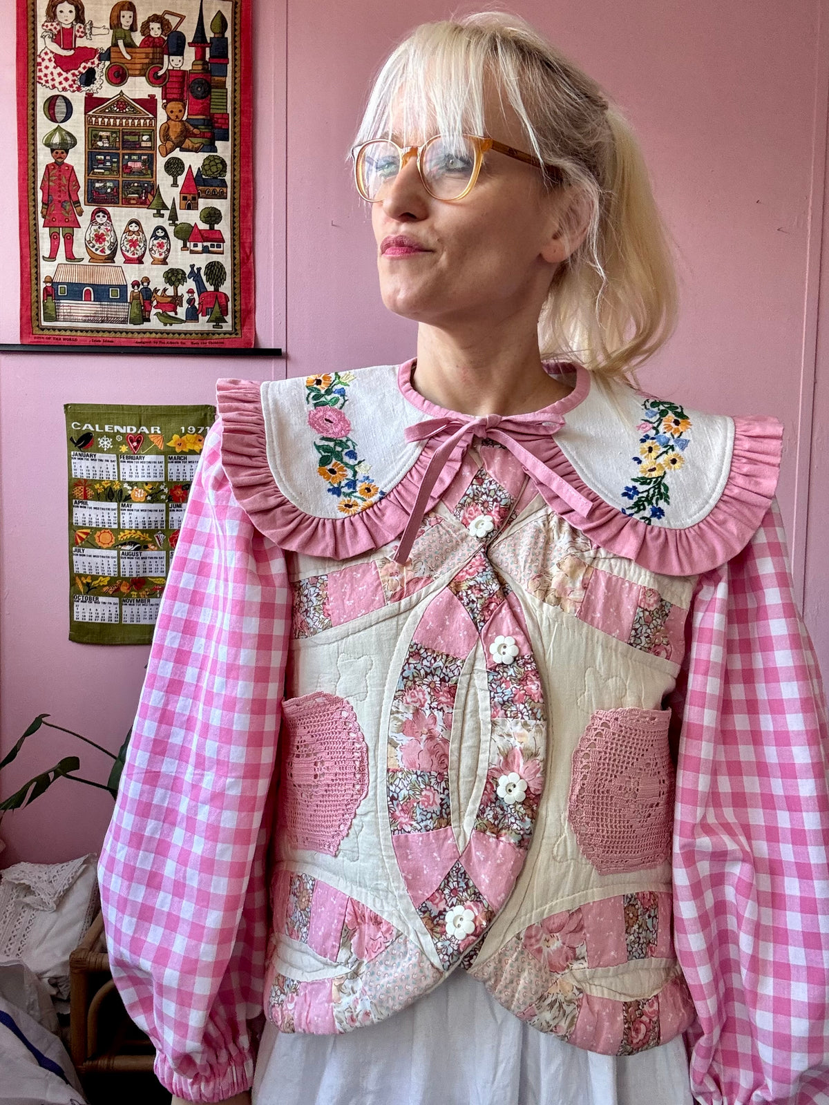 Patchwork jacket with gingham sleeves