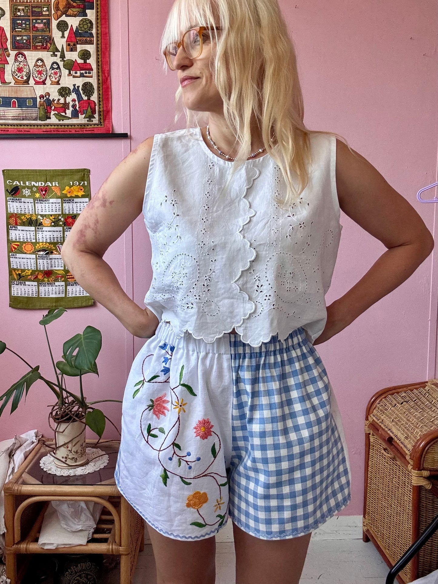Blue gingham and floral shorts