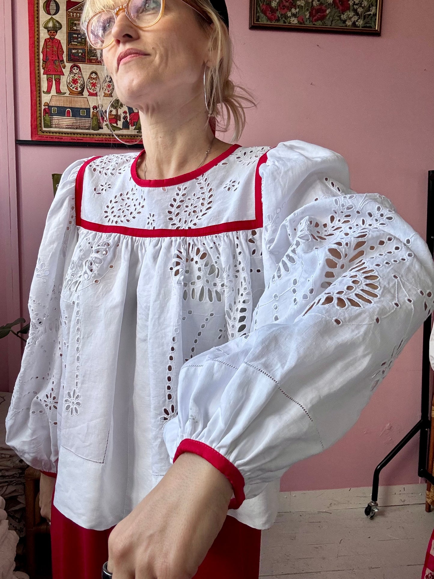 White blouse with red binding