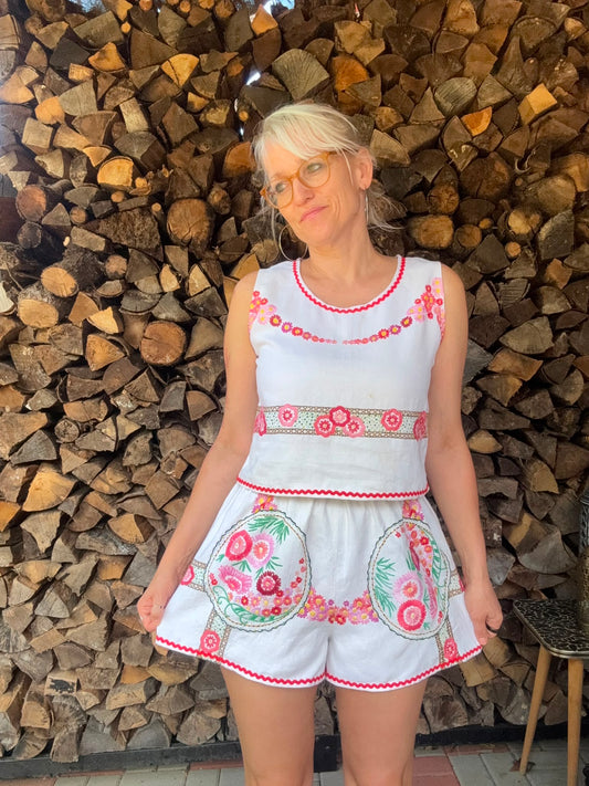 White shorts set with red hand embroidery