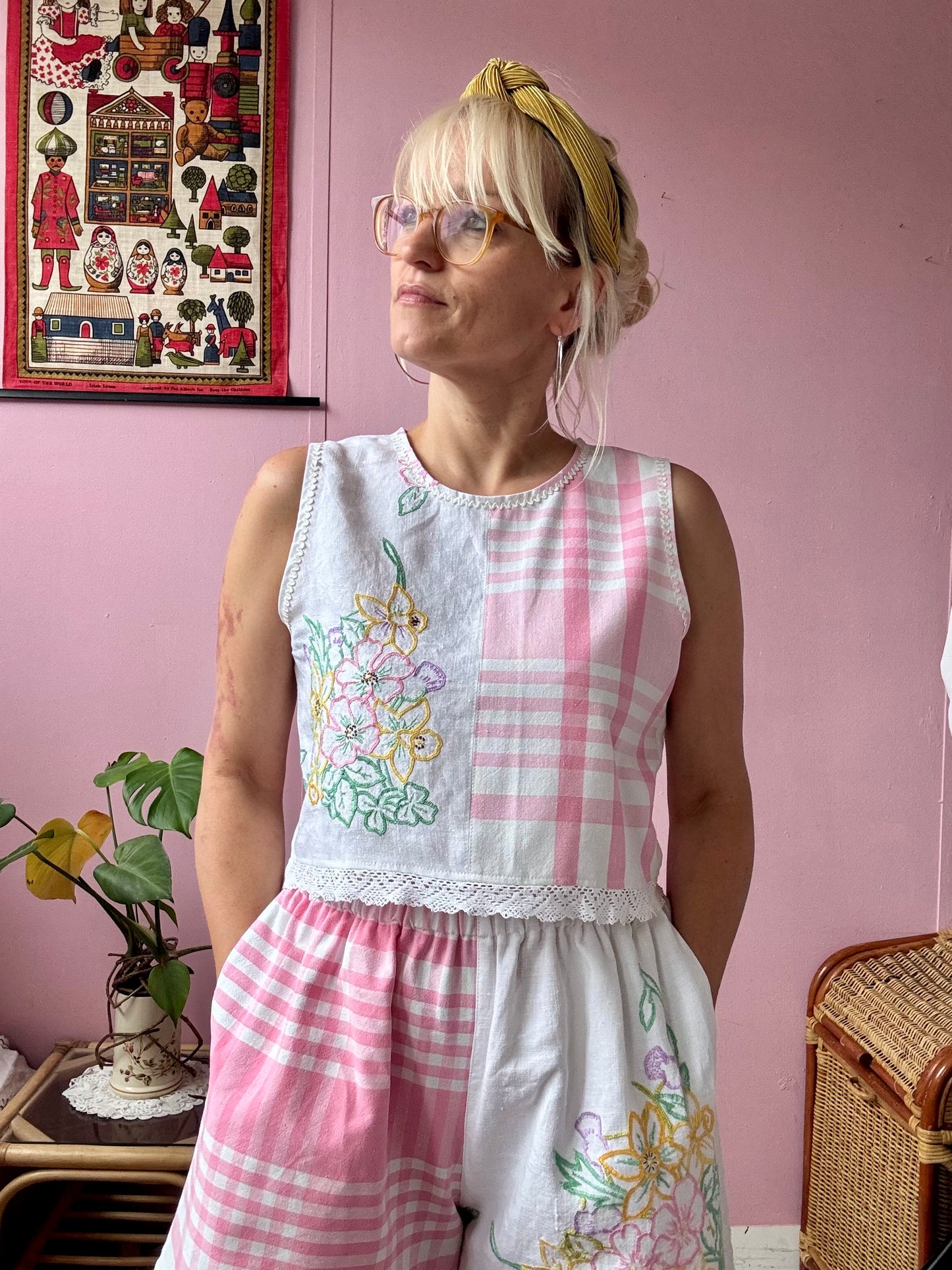 Pink check and floral shorts set