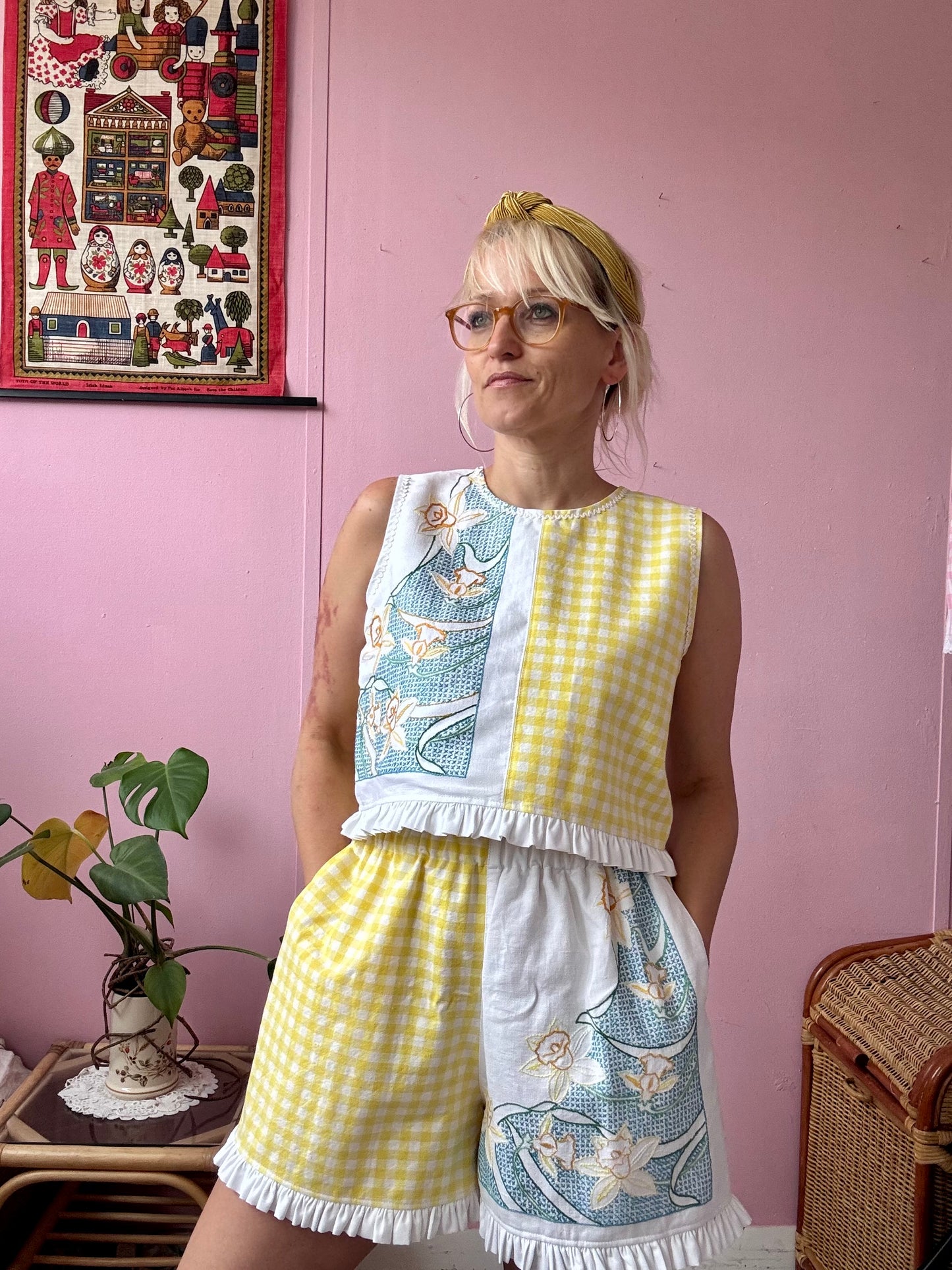 Yellow gingham and floral shorts set