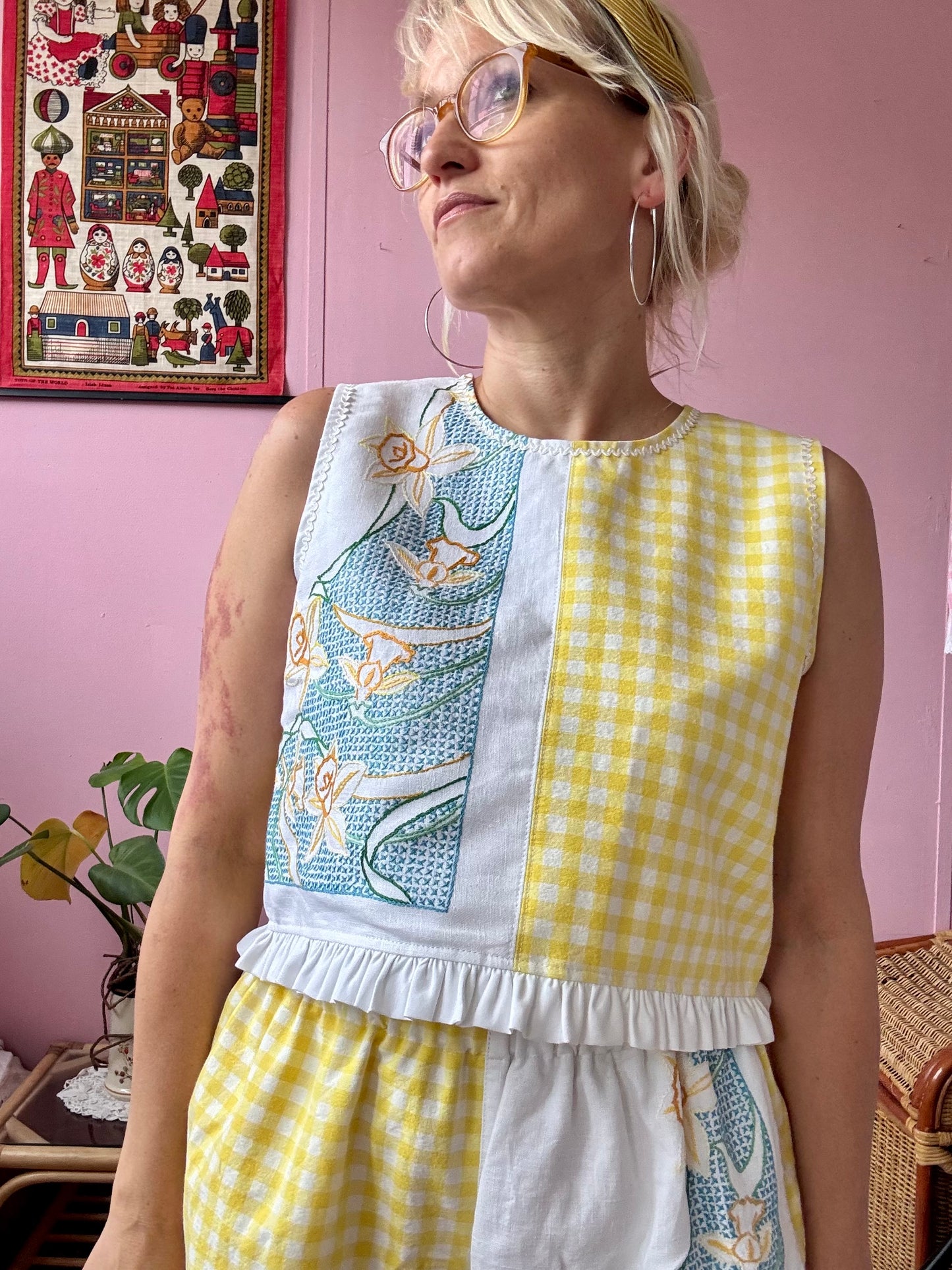 Yellow gingham and floral shorts set
