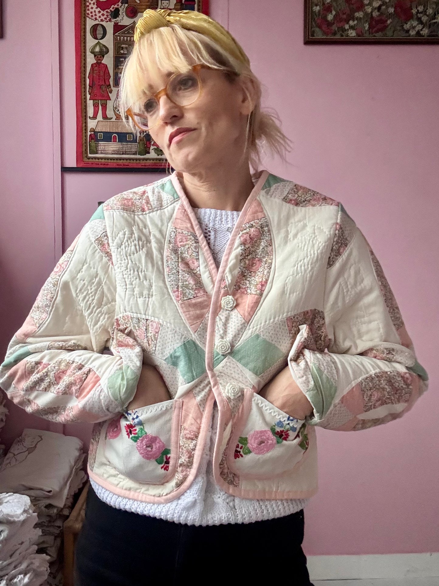 Patchwork jacket with floral pockets