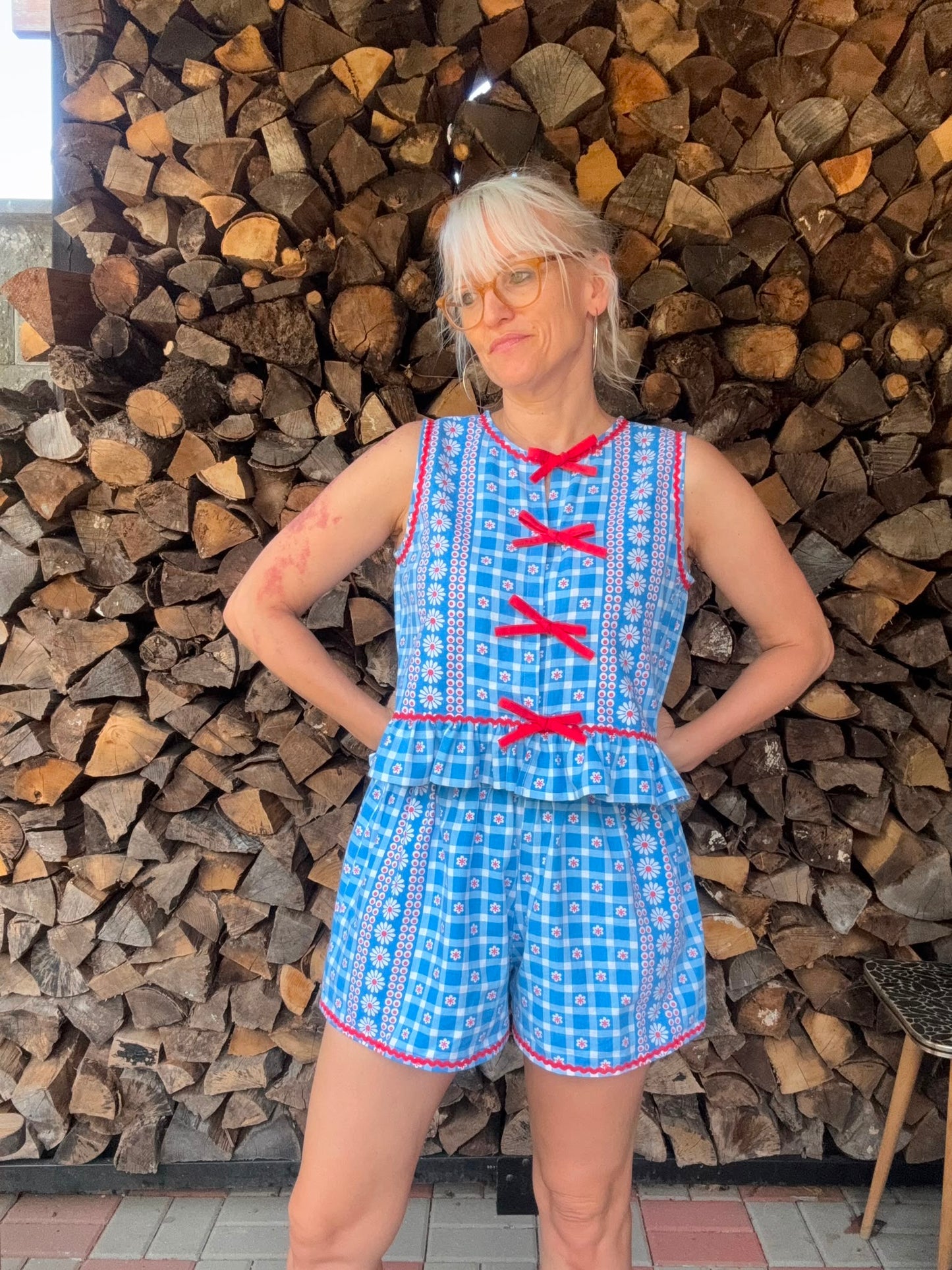Blue and white shorts set with red ric rac