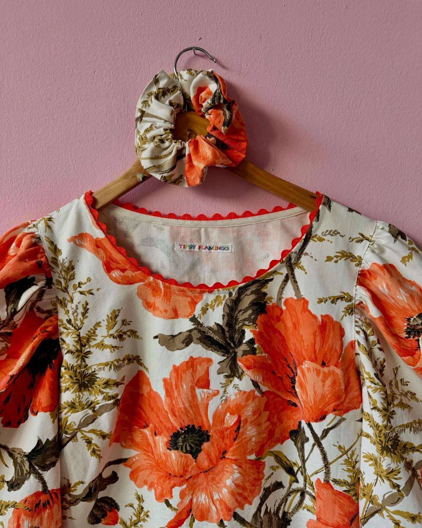 Orange poppies mini dress with long sleeves