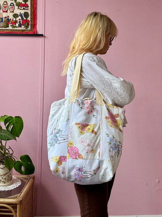Patchwork bag with gingham straps