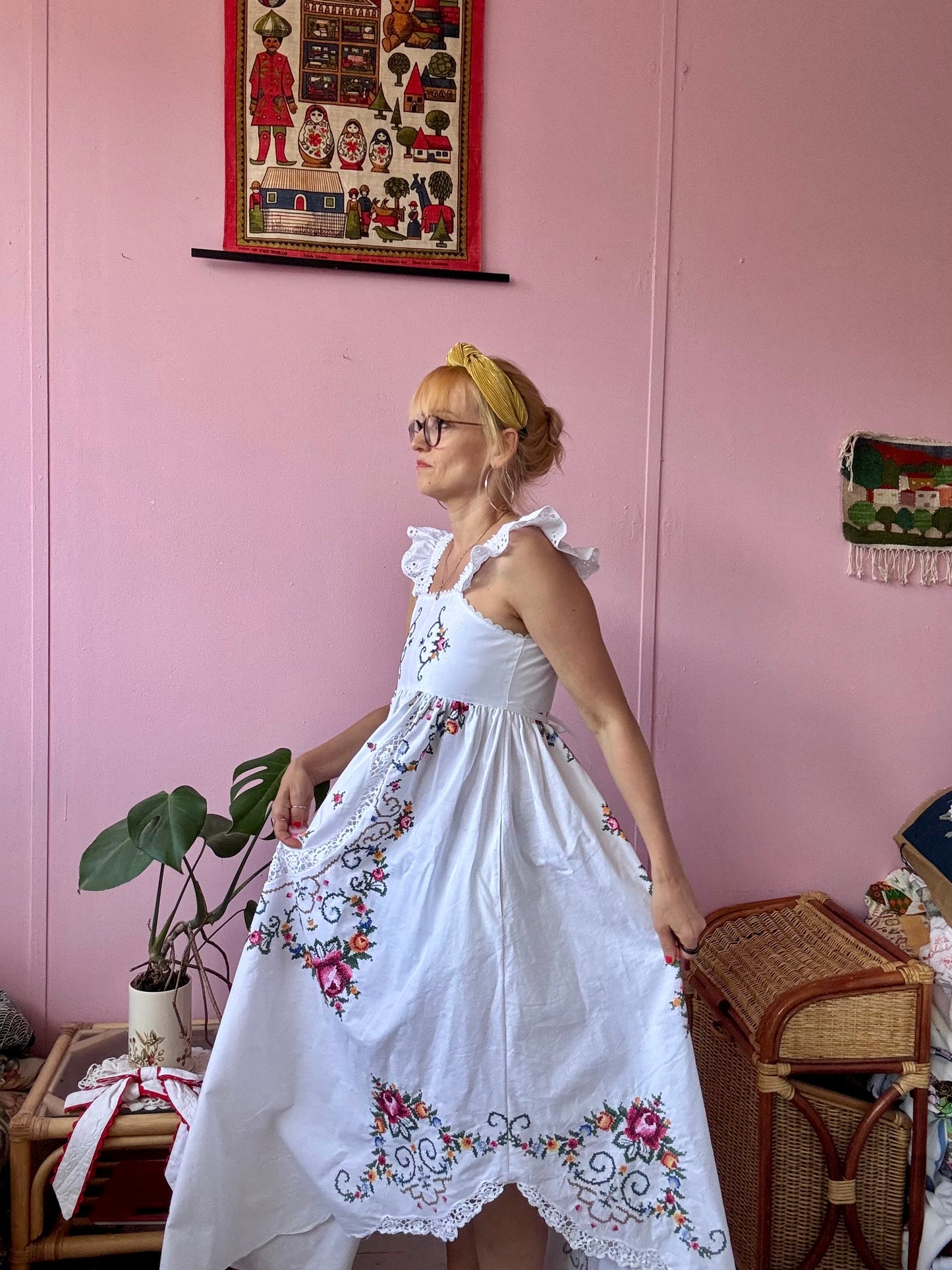 Maxi dress with hand embroidery and elasticated lace straps