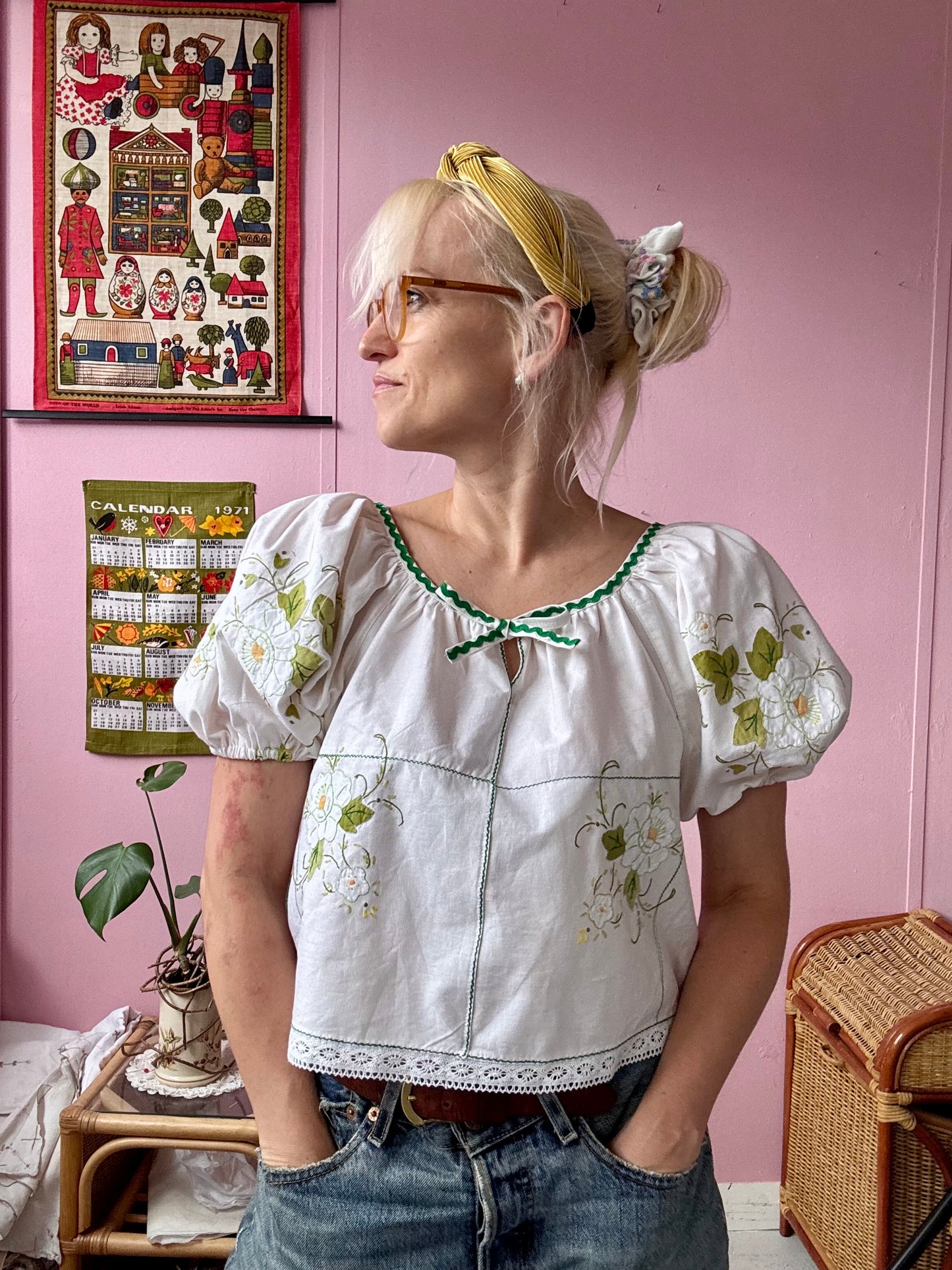 Floral blouse with lace and green ric rac