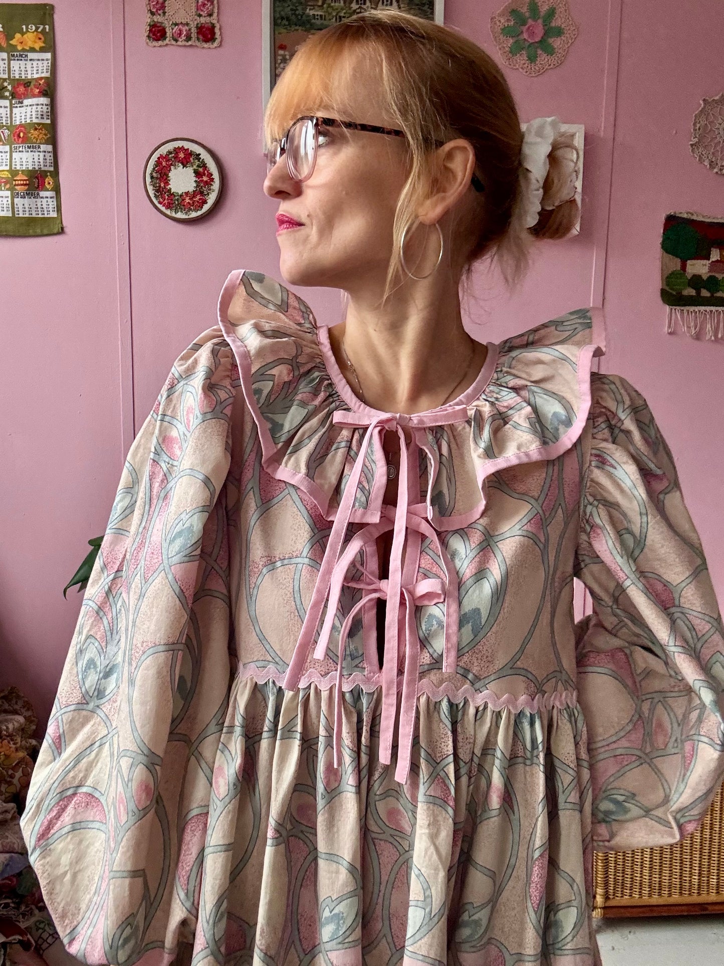 Peach/pink and silver maxi dress with long sleeves