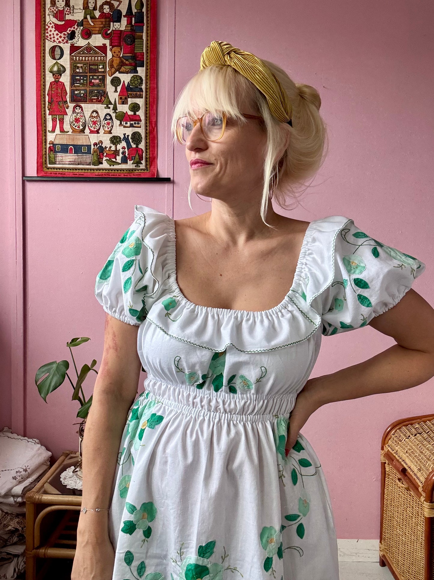 White/green floral appliqués dress
