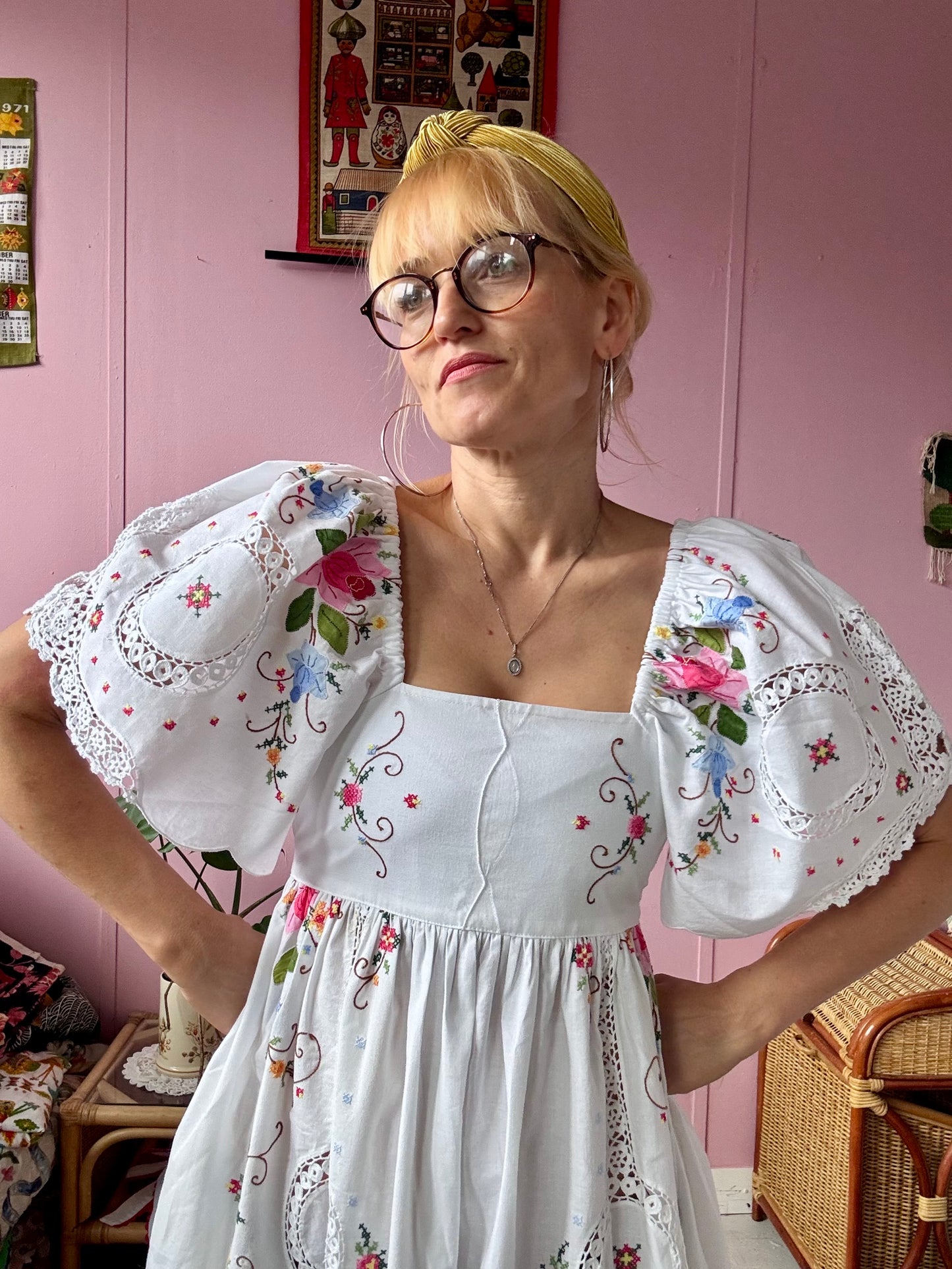 White maxi dress with appliqué,embroidery and lace panels