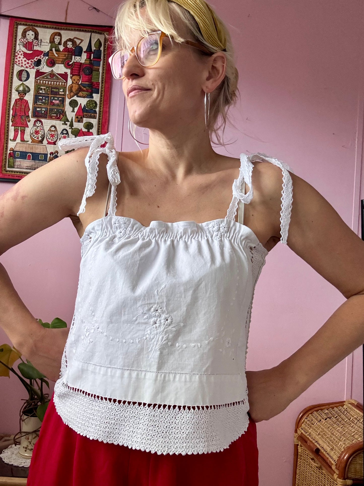 White top with embroidery and lace