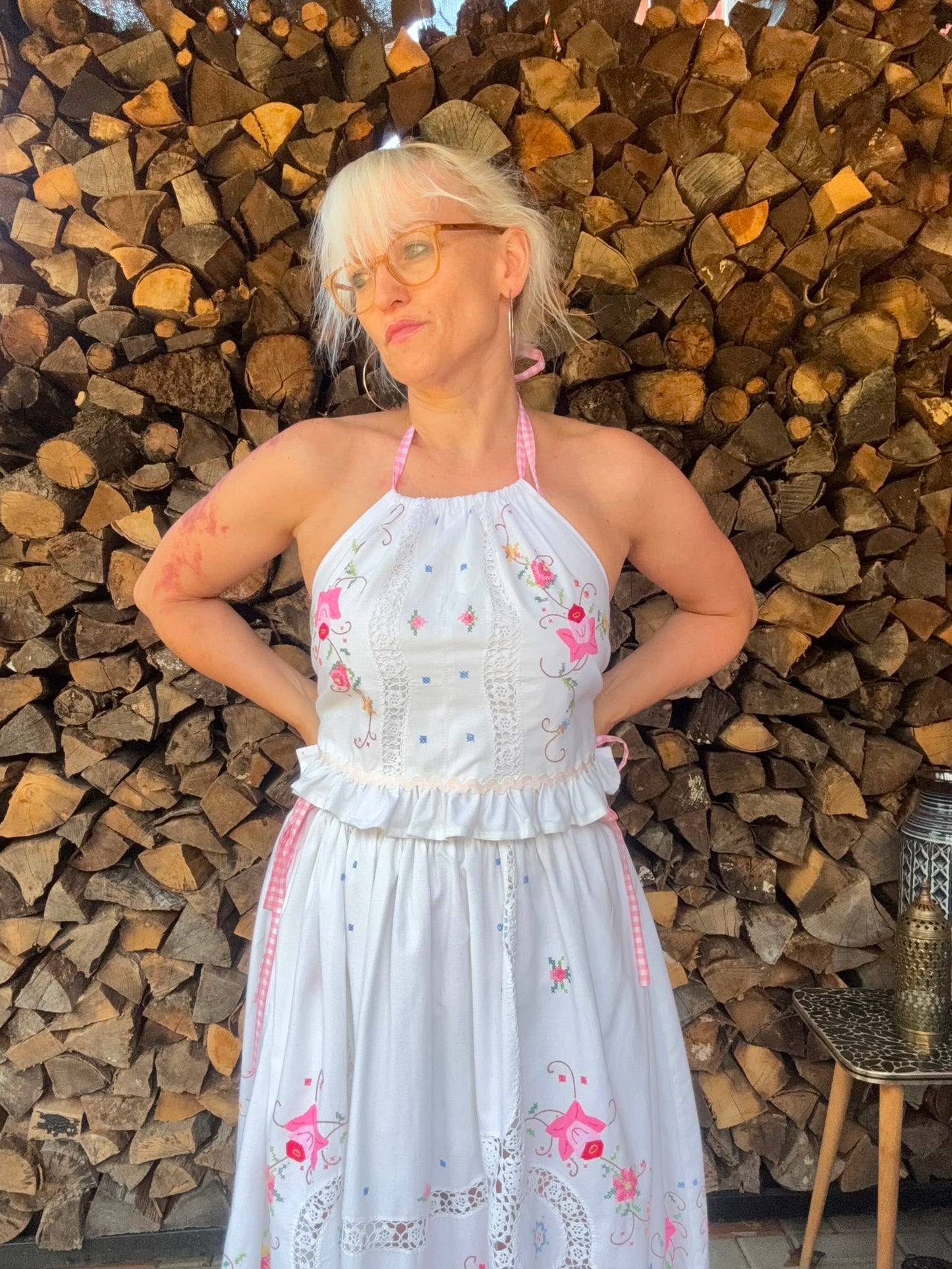 Floral skirt set with gingham straps