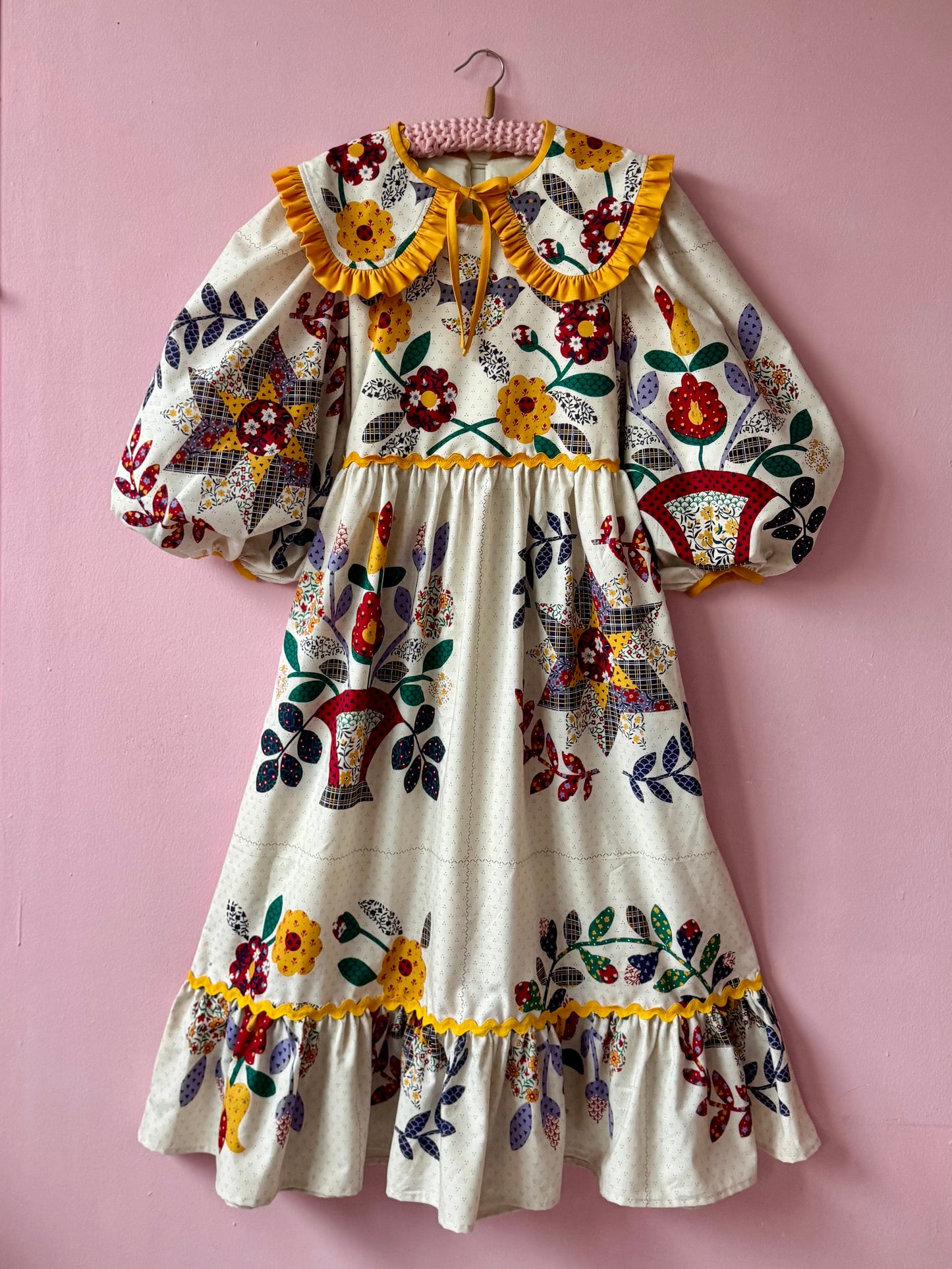 Floral dress with yellow ric rac and detachable collar