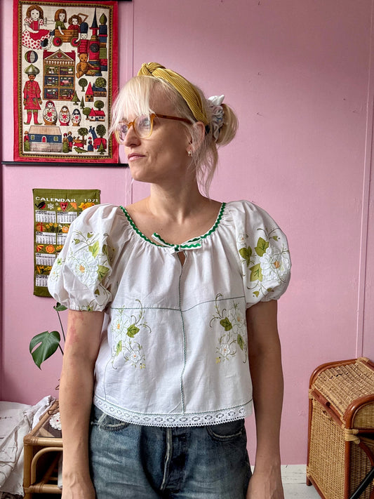 Floral blouse with lace and green ric rac