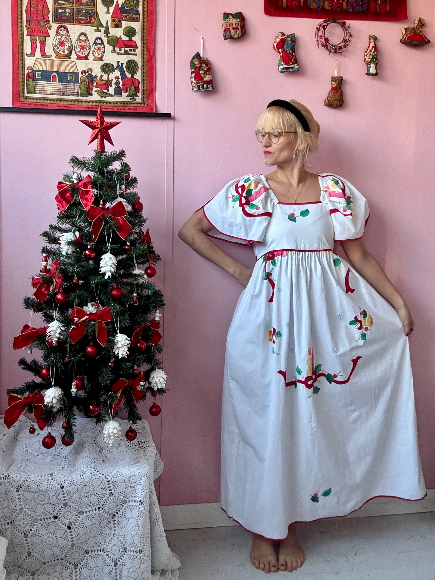 White maxi dress with Christmas applique
