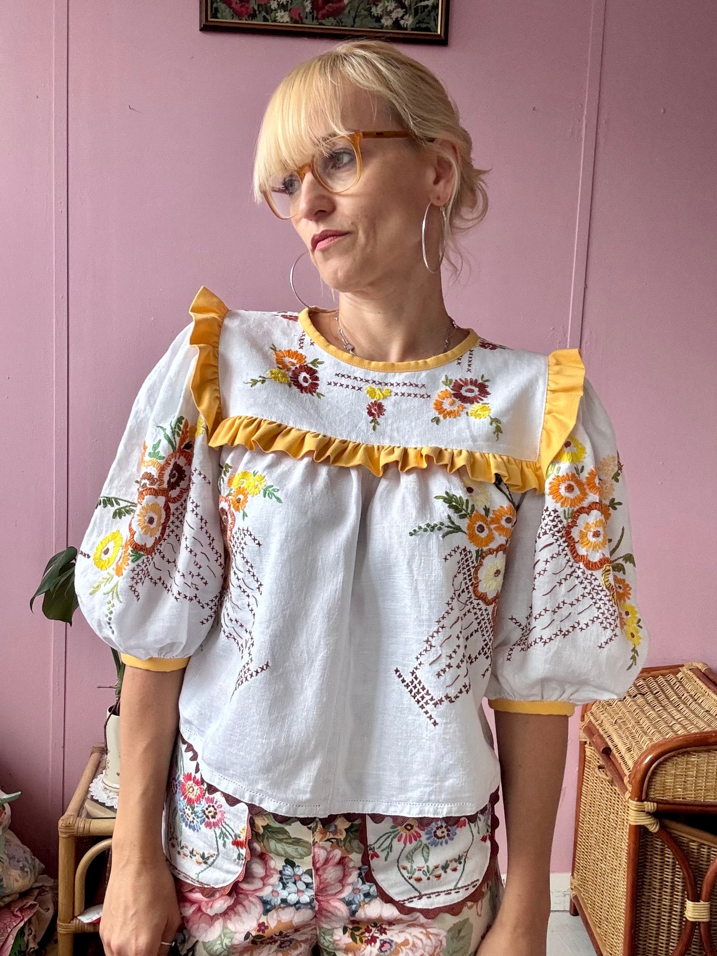 Blouse with hand embroidery and yellow frill