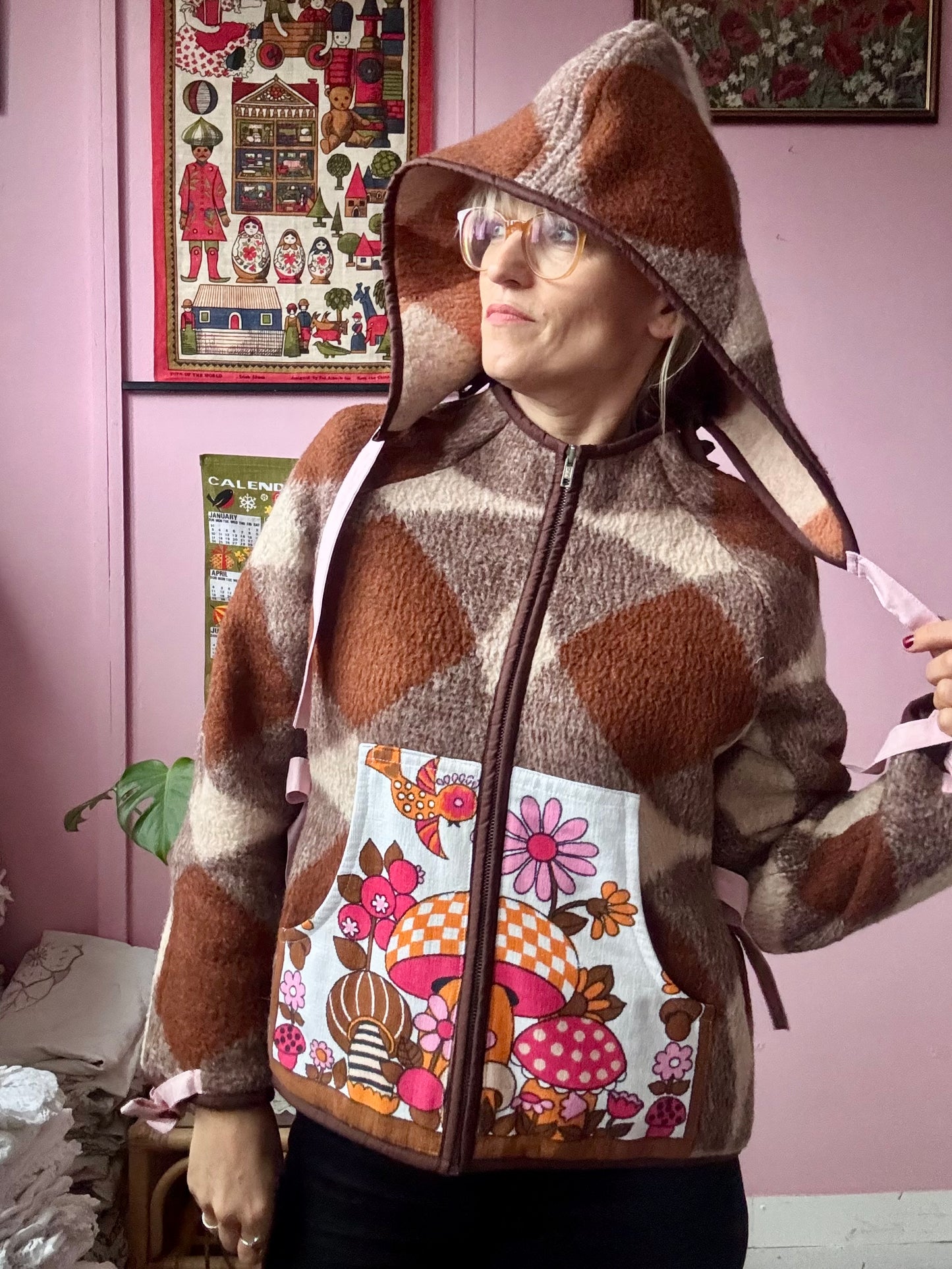Brown wool blanket jacket with detachable hood