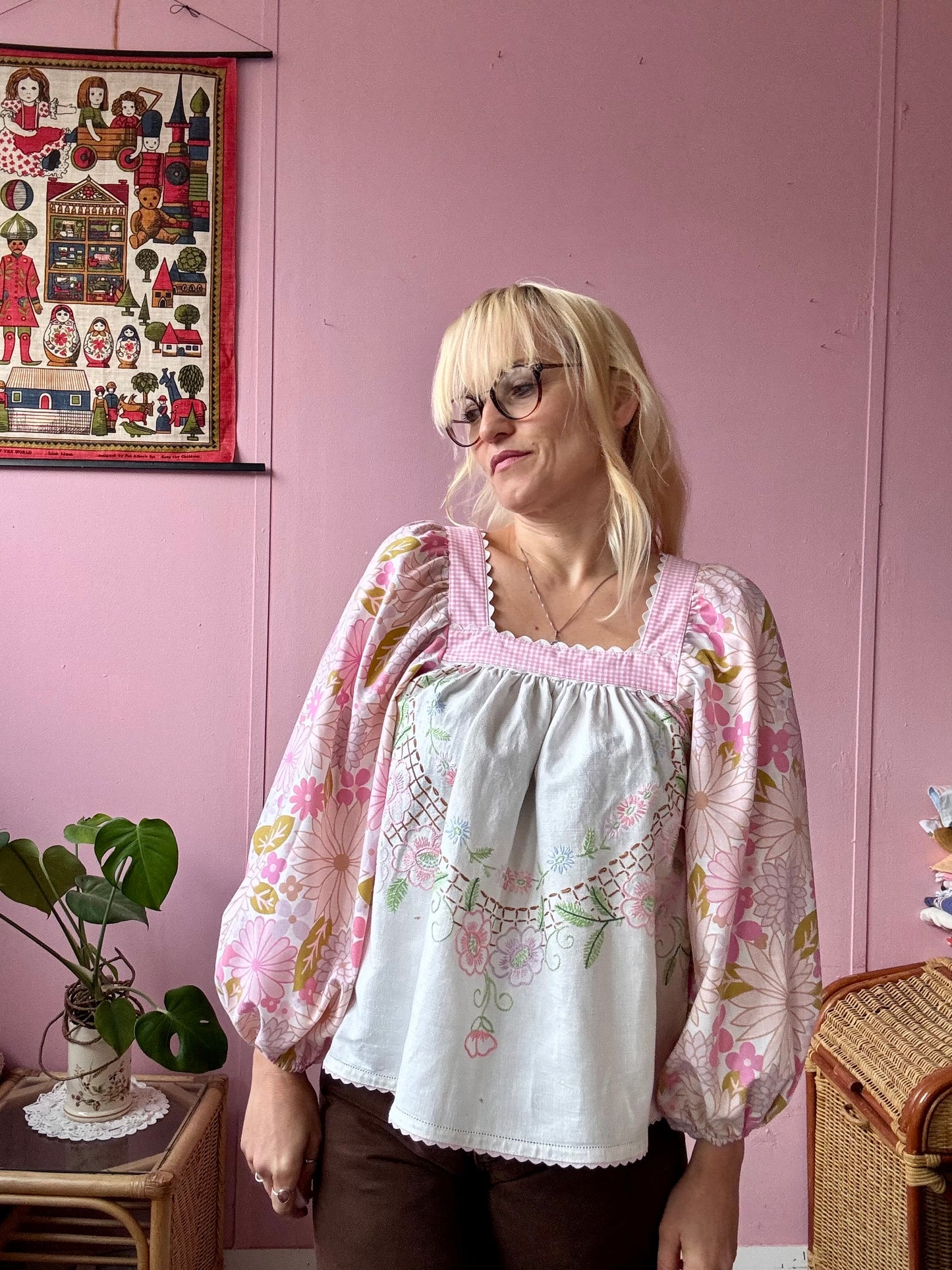 Pink floral and gingham blouse