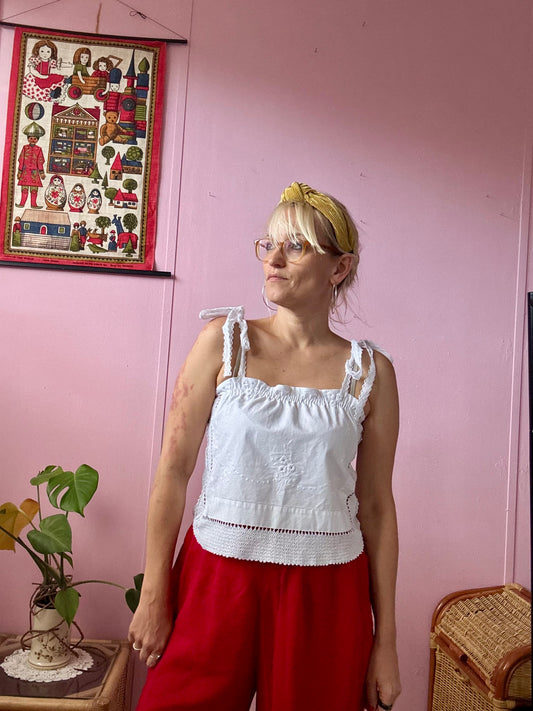 White top with embroidery and lace