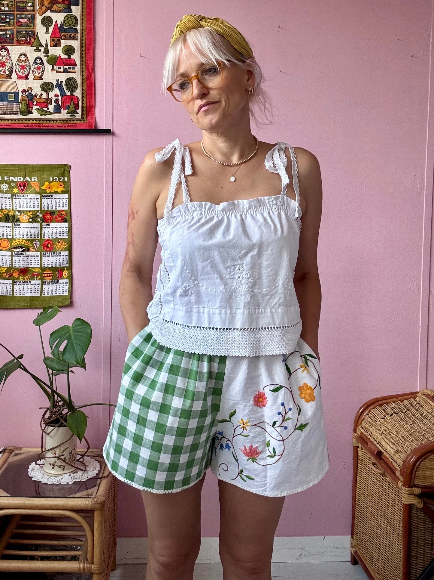 Green gingham and floral shorts