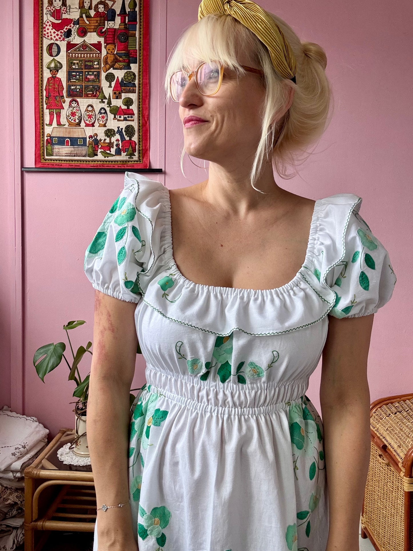 White/green floral appliqués dress