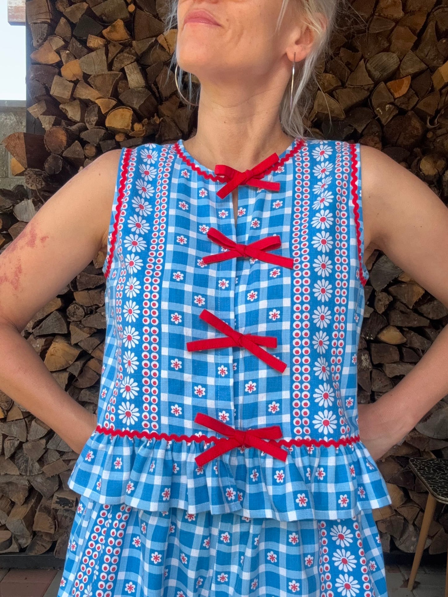 Blue and white shorts set with red ric rac