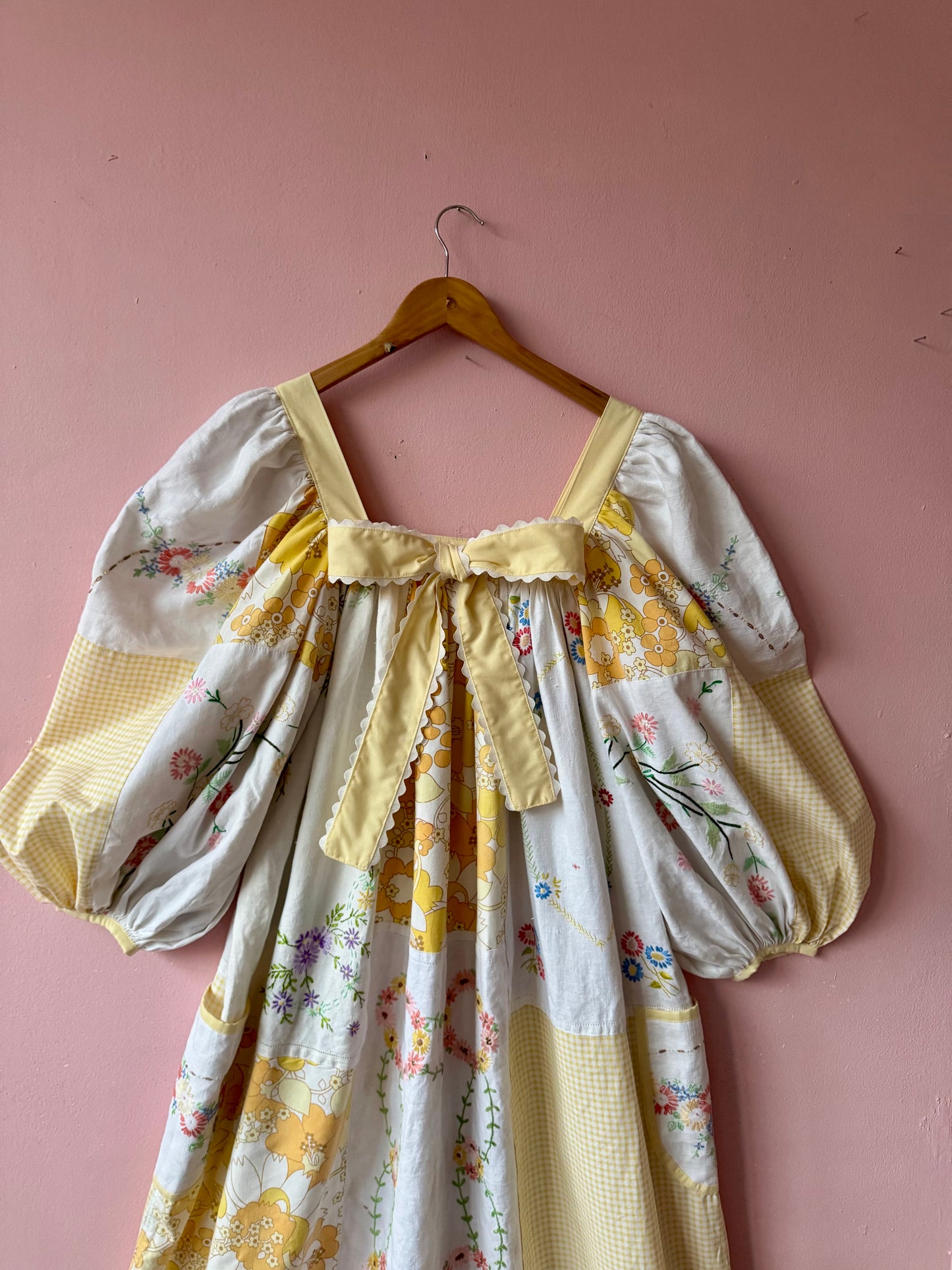 Yellow patchwork maxi dress with bow