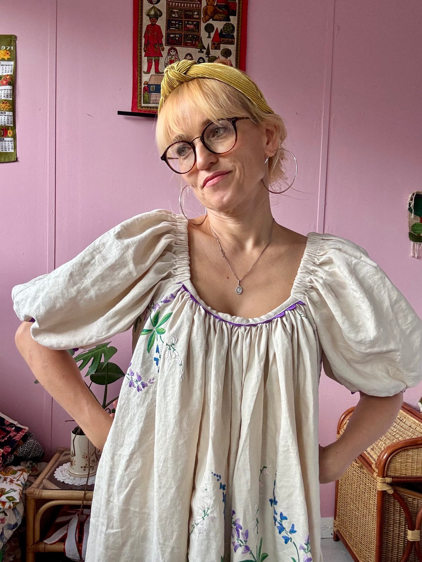 Cream linen maxi dress with purple flowers and ric rac