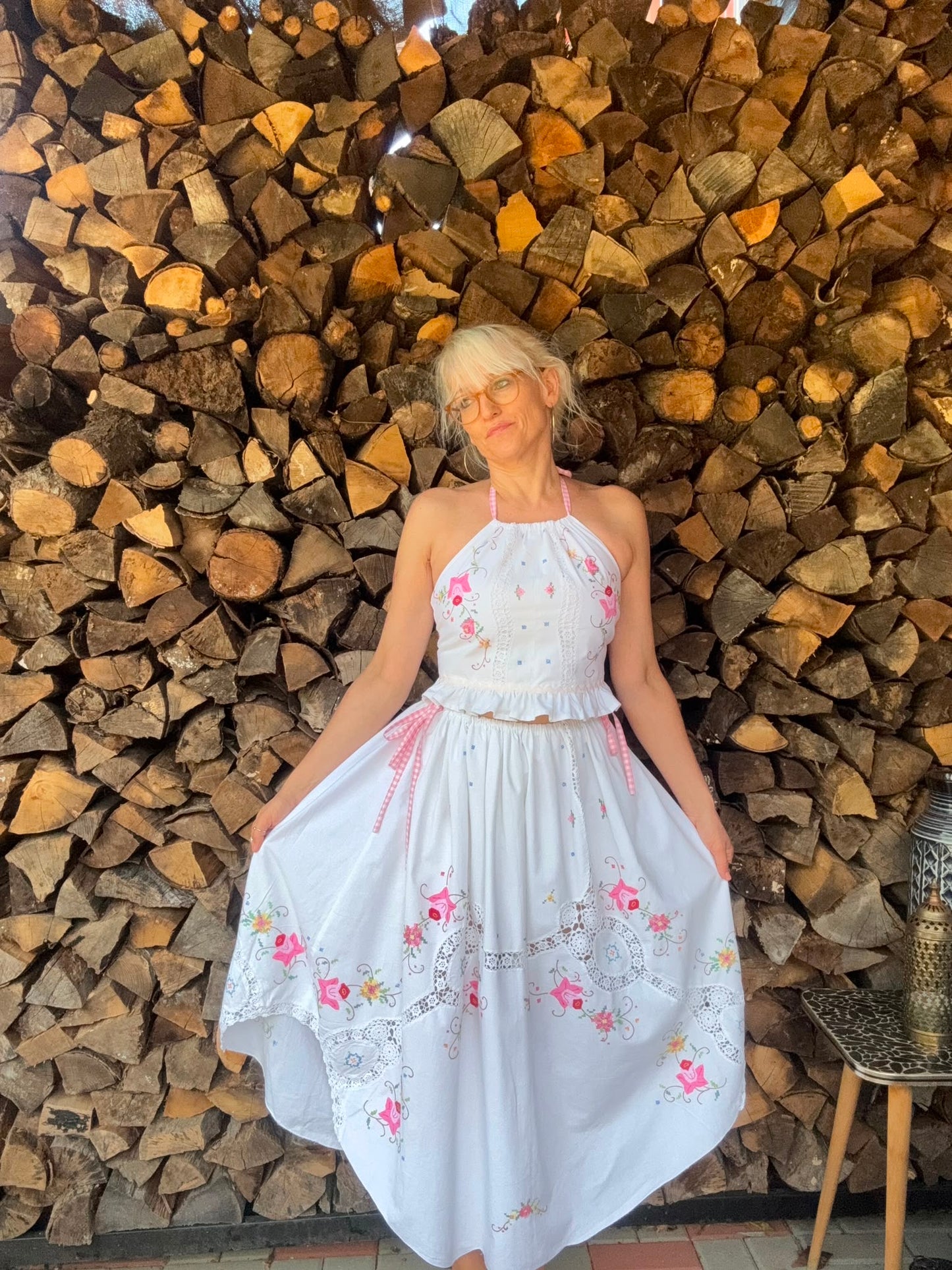 Floral skirt set with gingham straps
