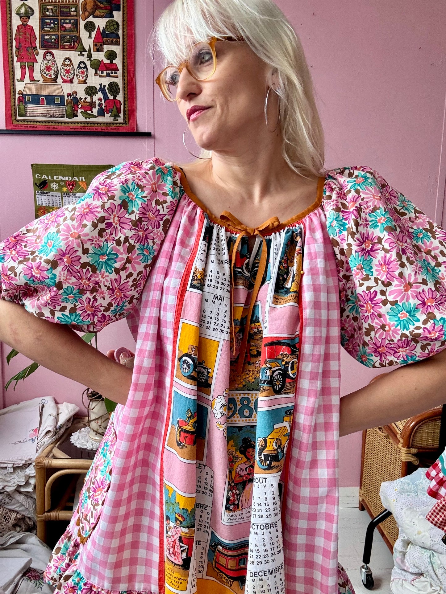 1980 French vintage teatowel mini dress