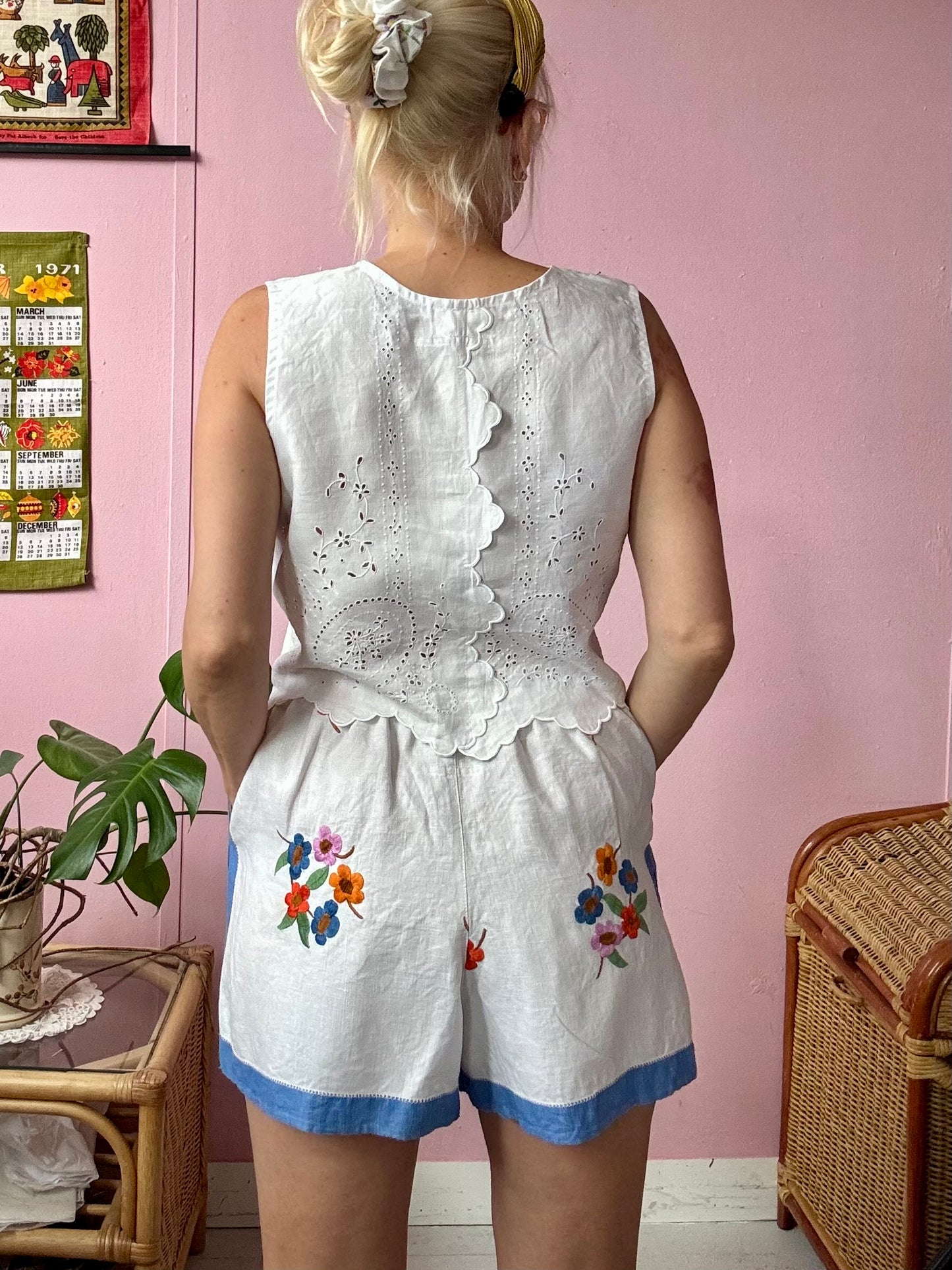 White/blue floral shorts