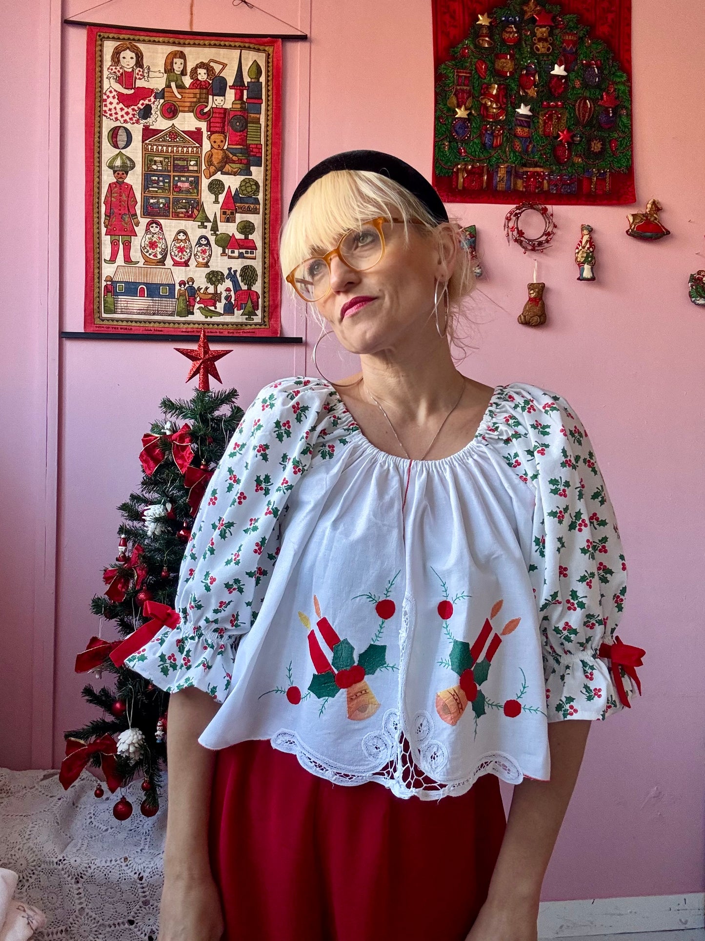 Christmas blouse with holly print sleeves and bows