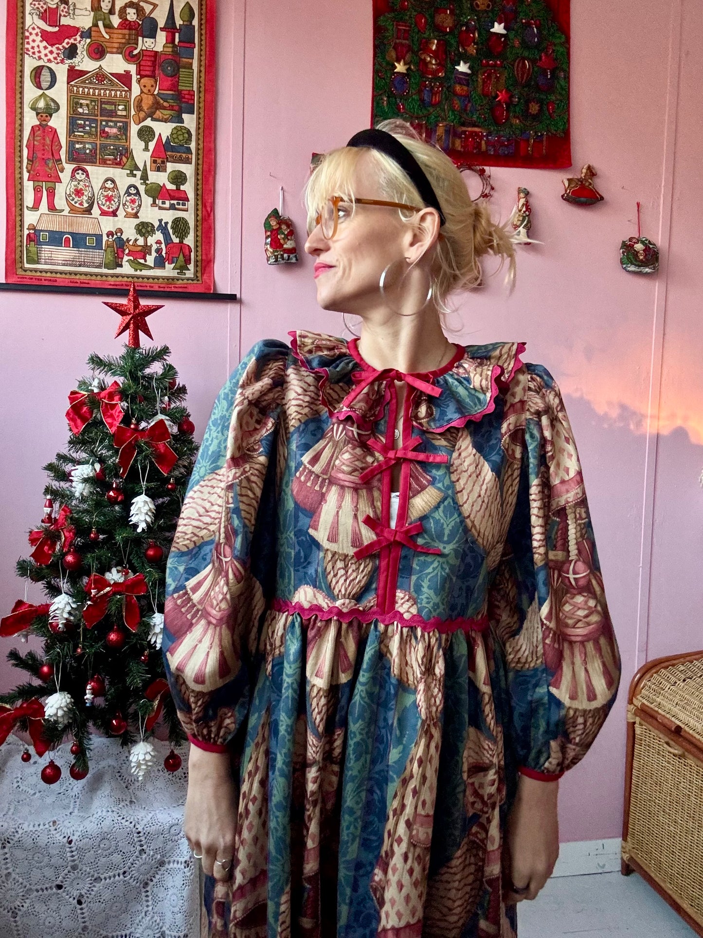 Christmas themed maxi dress with long sleeves and burgundy trims