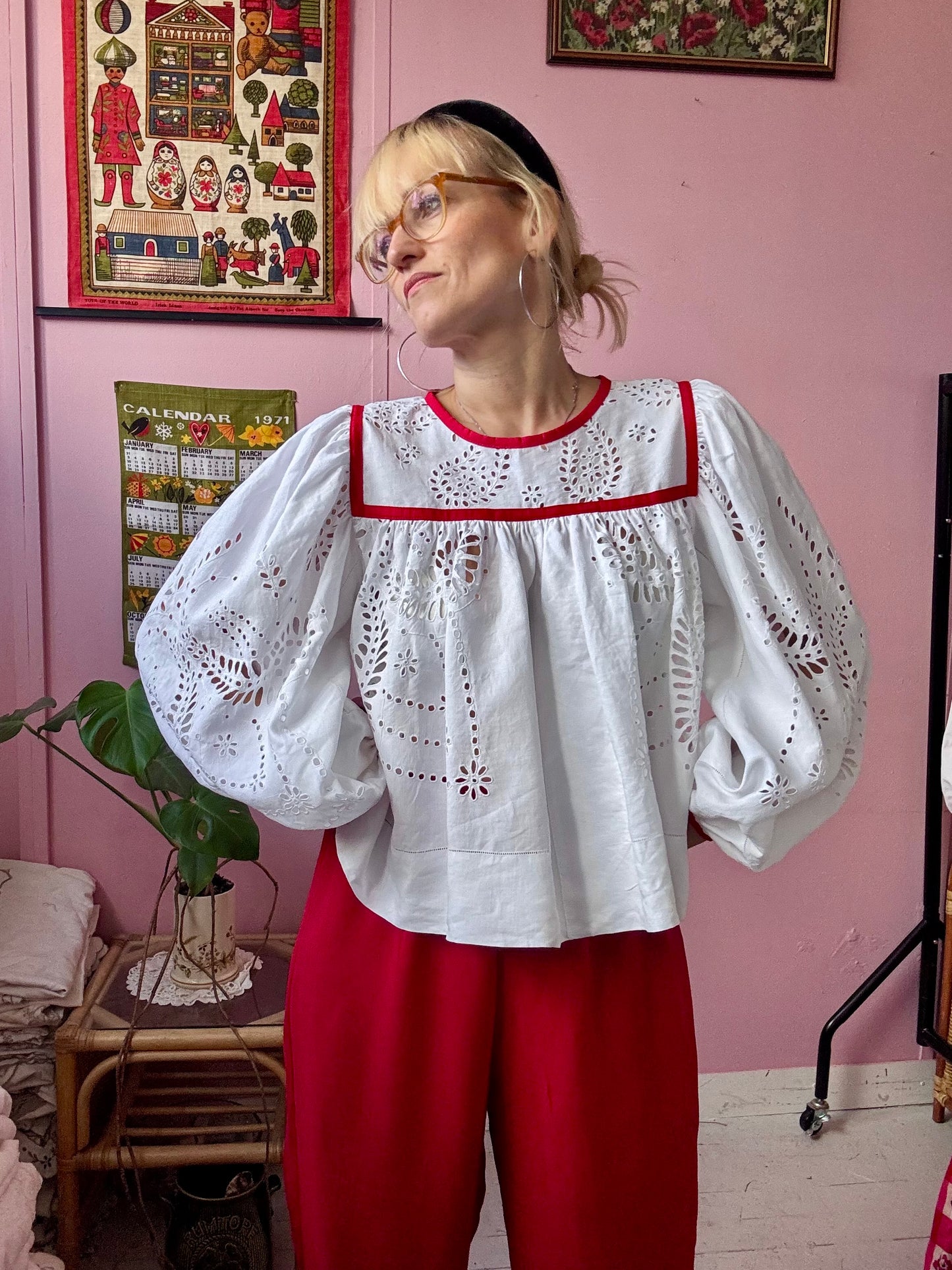 White blouse with red binding