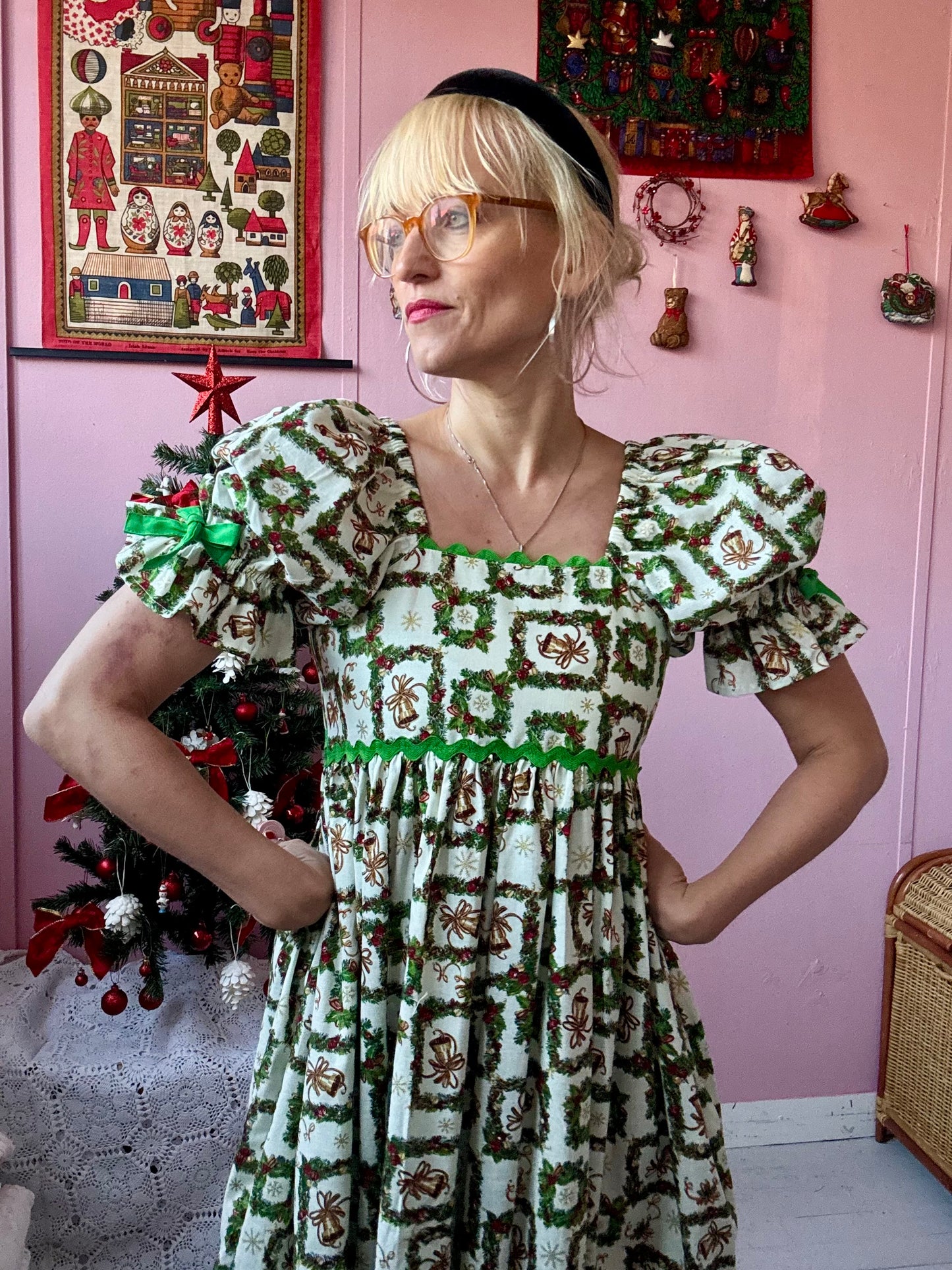 Christmas print midi dress with green ric rac and green bows