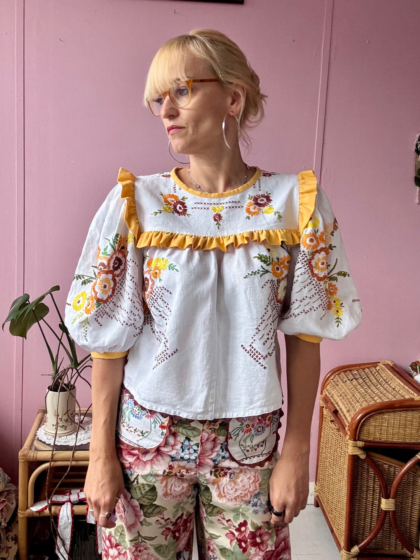 Blouse with hand embroidery and yellow frill