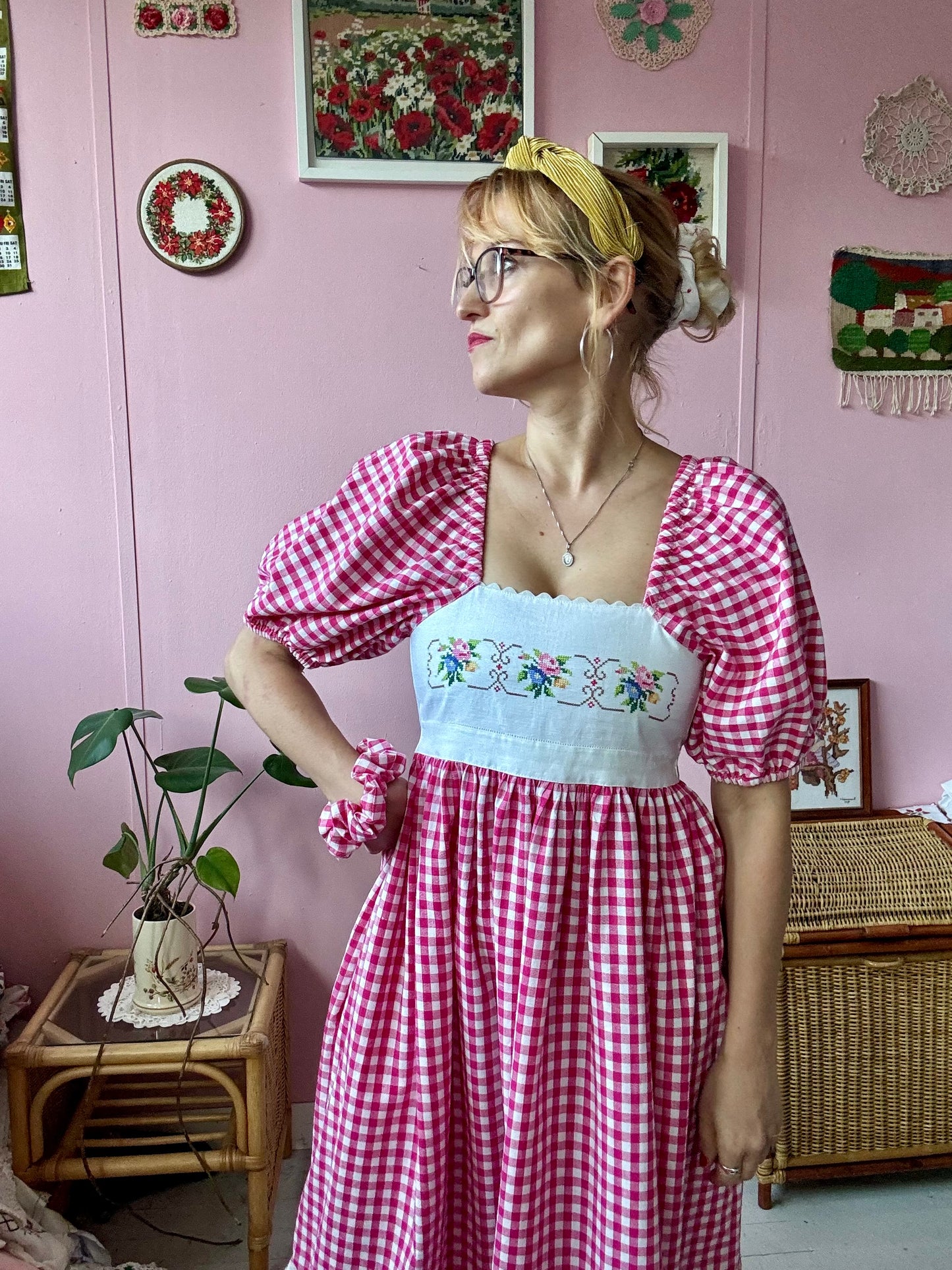 Pink gingham and embroidery dress