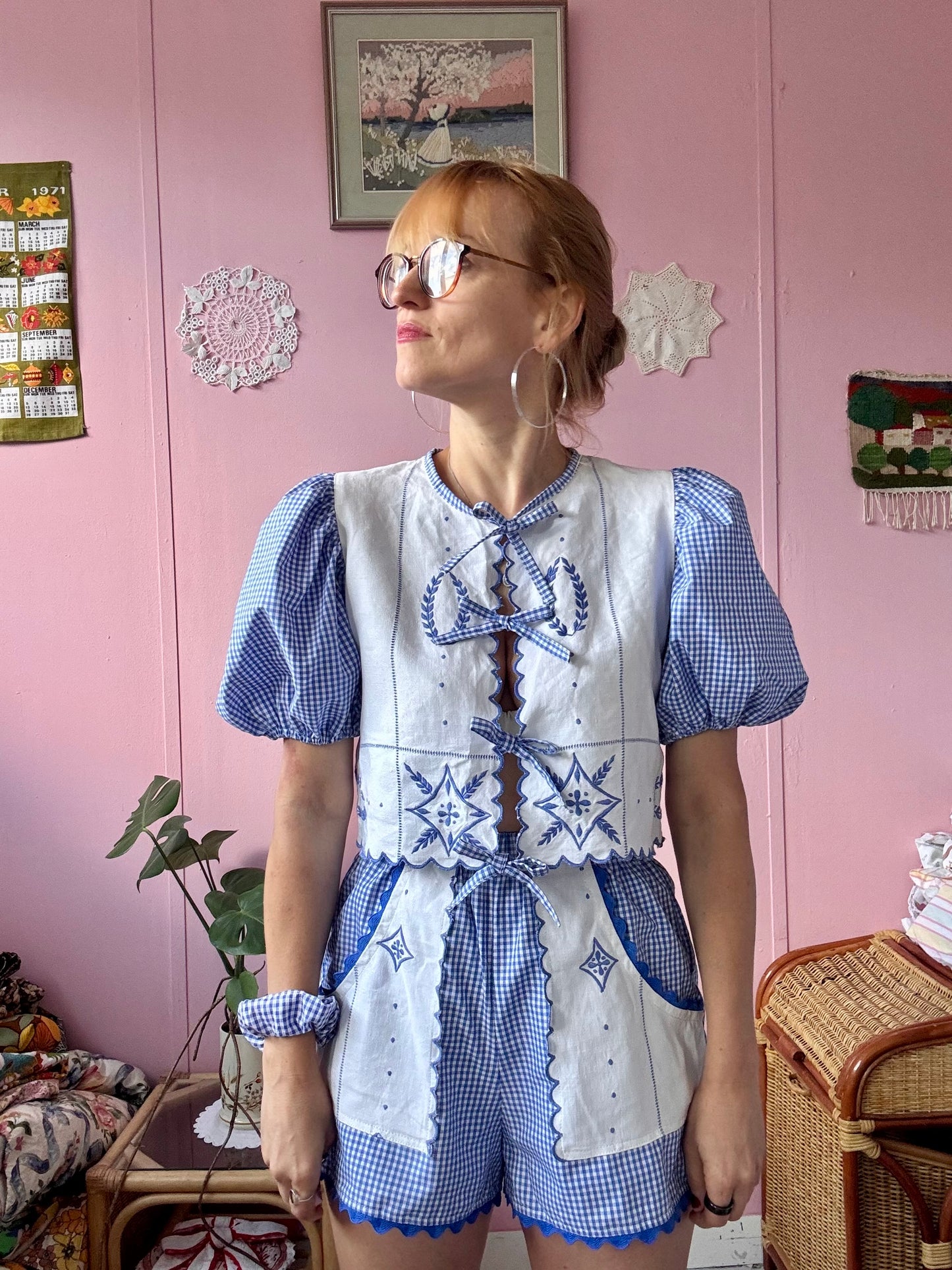 Embroidery and blue gingham shorts set