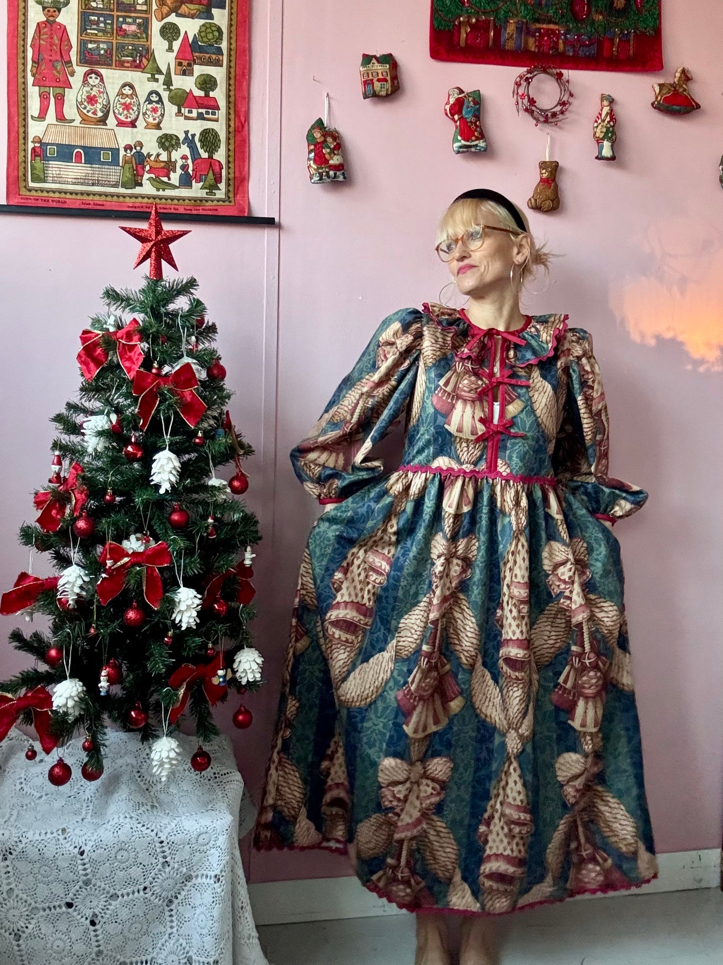 Christmas themed maxi dress with long sleeves and burgundy trims