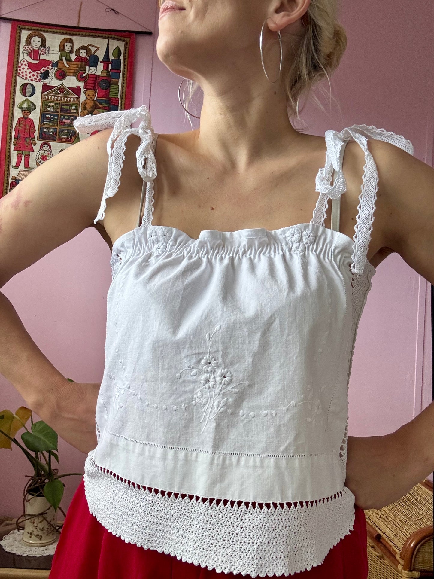 White top with embroidery and lace
